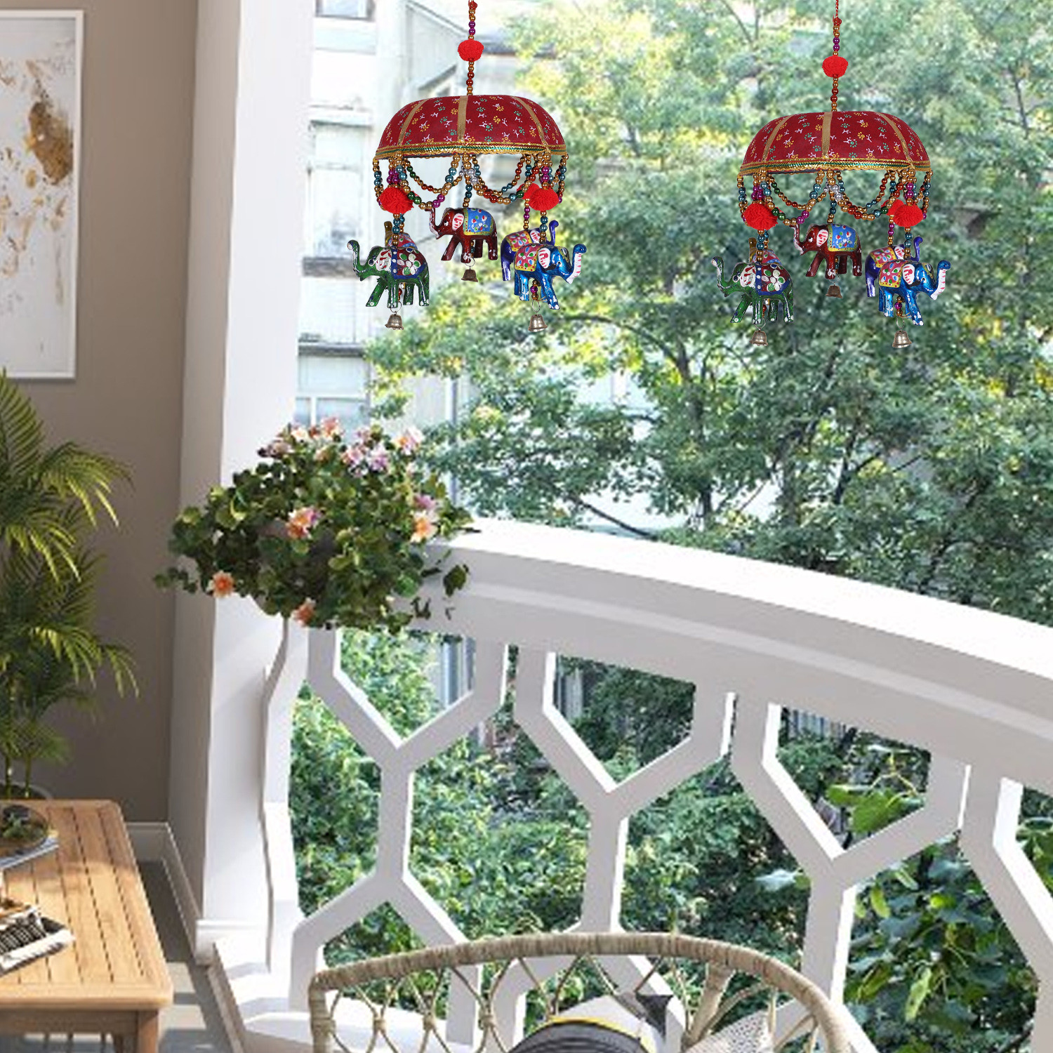 Kuber Industries Rajasthani Traditional Windchimes|Handcrafted Latkan|Toran With 5 Decorative Hanging Elephants (Red)