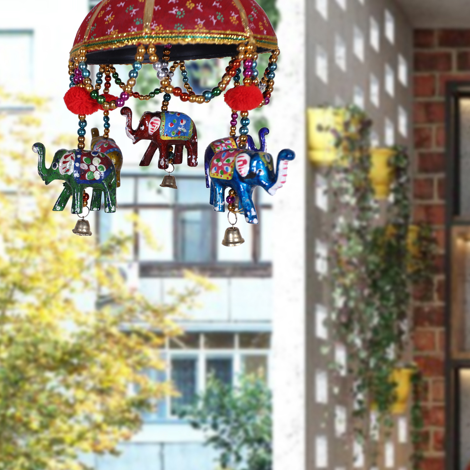 Kuber Industries Rajasthani Traditional Windchimes|Handcrafted Latkan|Toran With 5 Decorative Hanging Elephants (Red)