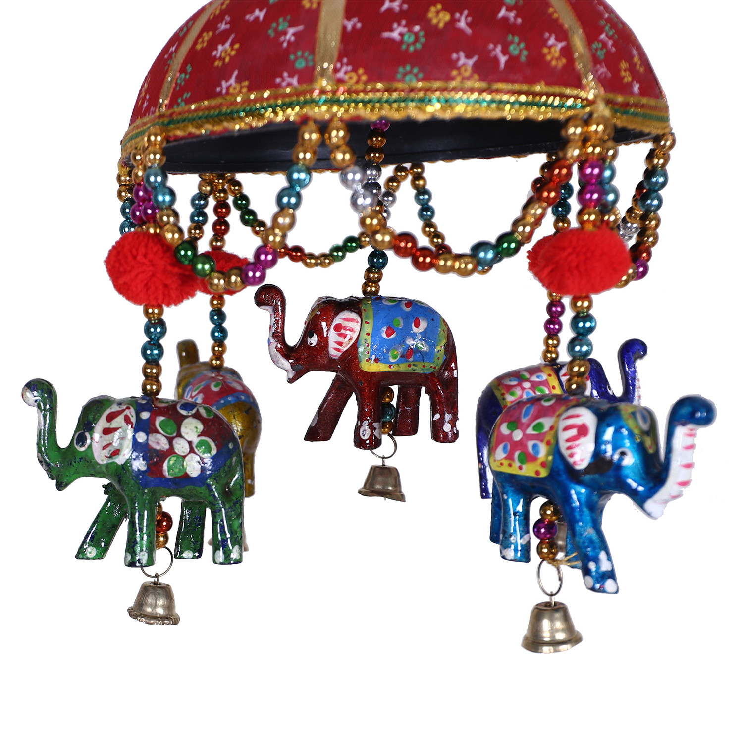 Kuber Industries Rajasthani Traditional Windchimes|Handcrafted Latkan|Toran With 5 Decorative Hanging Elephants (Red)
