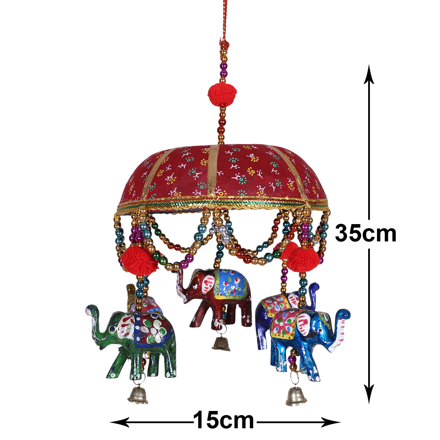 Kuber Industries Rajasthani Traditional Windchimes|Handcrafted Latkan|Toran With 5 Decorative Hanging Elephants (Red)
