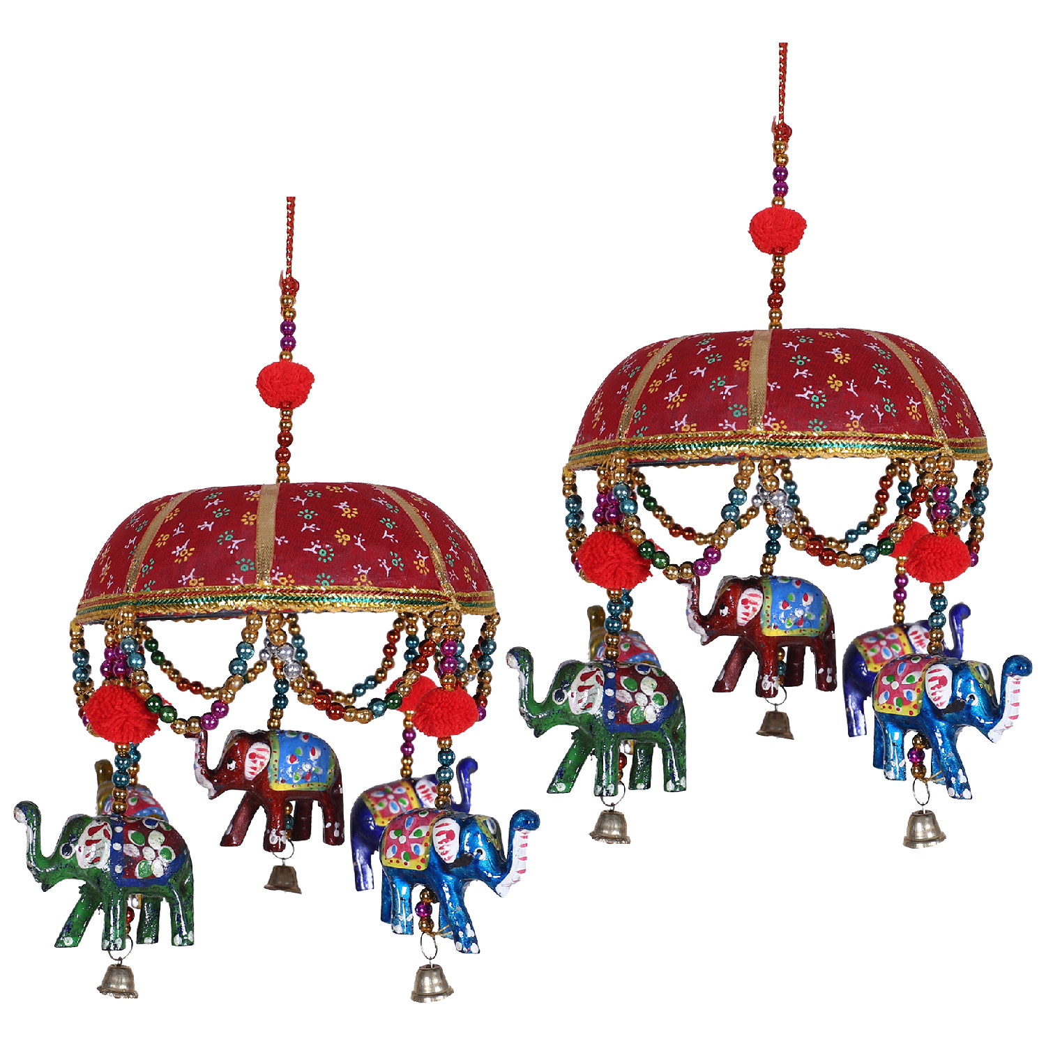 Kuber Industries Rajasthani Traditional Windchimes|Handcrafted Latkan|Toran With 5 Decorative Hanging Elephants (Red)