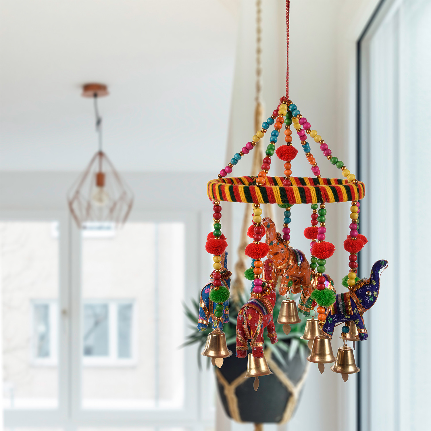Kuber Industries Rajasthani Traditional Windchimes|Hanging Ring Elephant with Bells|Polyester Handcrafted Latkan|Decorative Door Hanging Latkan (Multicolor)
