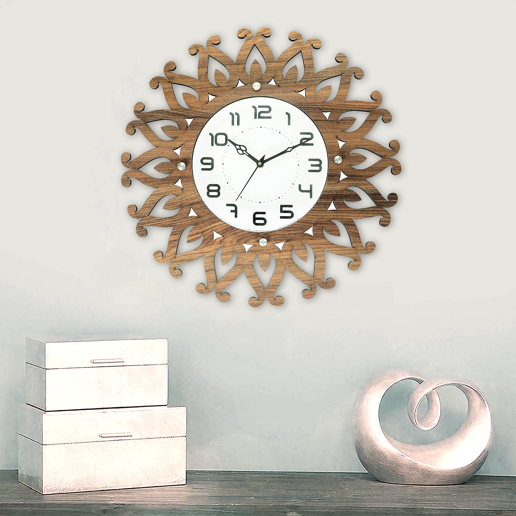 Kuber Industries Rangoli Design Wooden Wall Clock (Light Brown)-HS40KUBMART23943