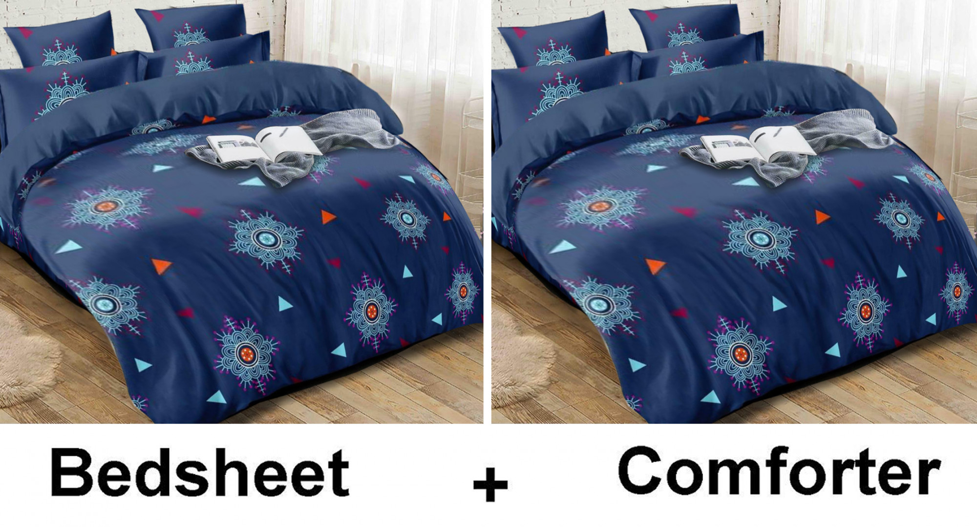 Kuber Industries Rangoli Print Glace Cotton AC Comforter King Size Bed Comforter, Double Bed Sheet, 2 Pillow Cover (Blue, 90x100 Inches)-Set of 4 Pieces
