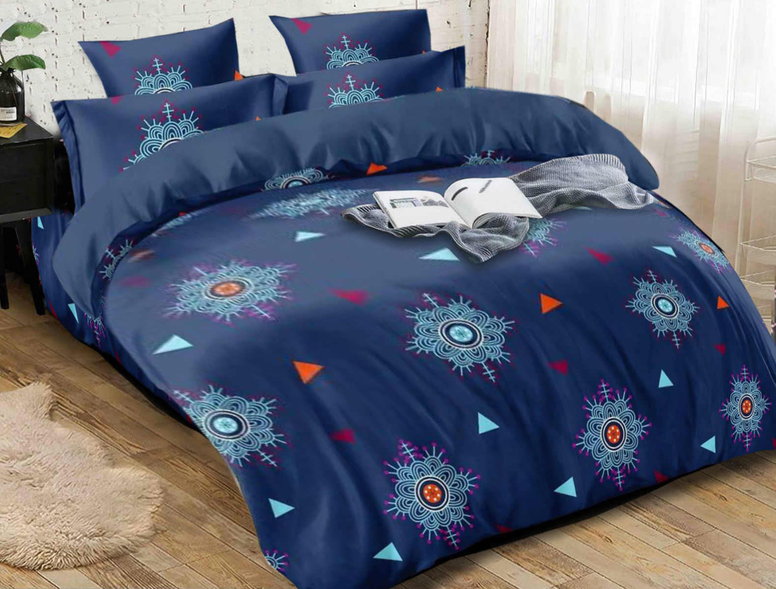 Kuber Industries Rangoli Print Glace Cotton Double Bedsheet with 2 Pillow Covers (Blue)