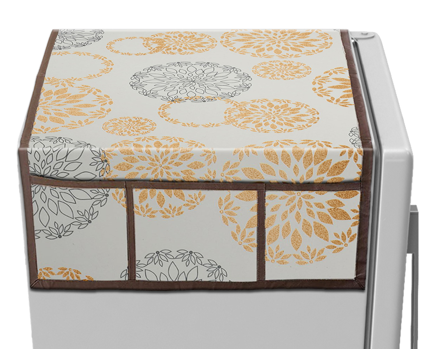 Kuber Industries Rangoli Printed PVC Fridge Top Cover, Protect For Scratches, Wear & Tear And Dust With 6 Utility Side Pockets (White)