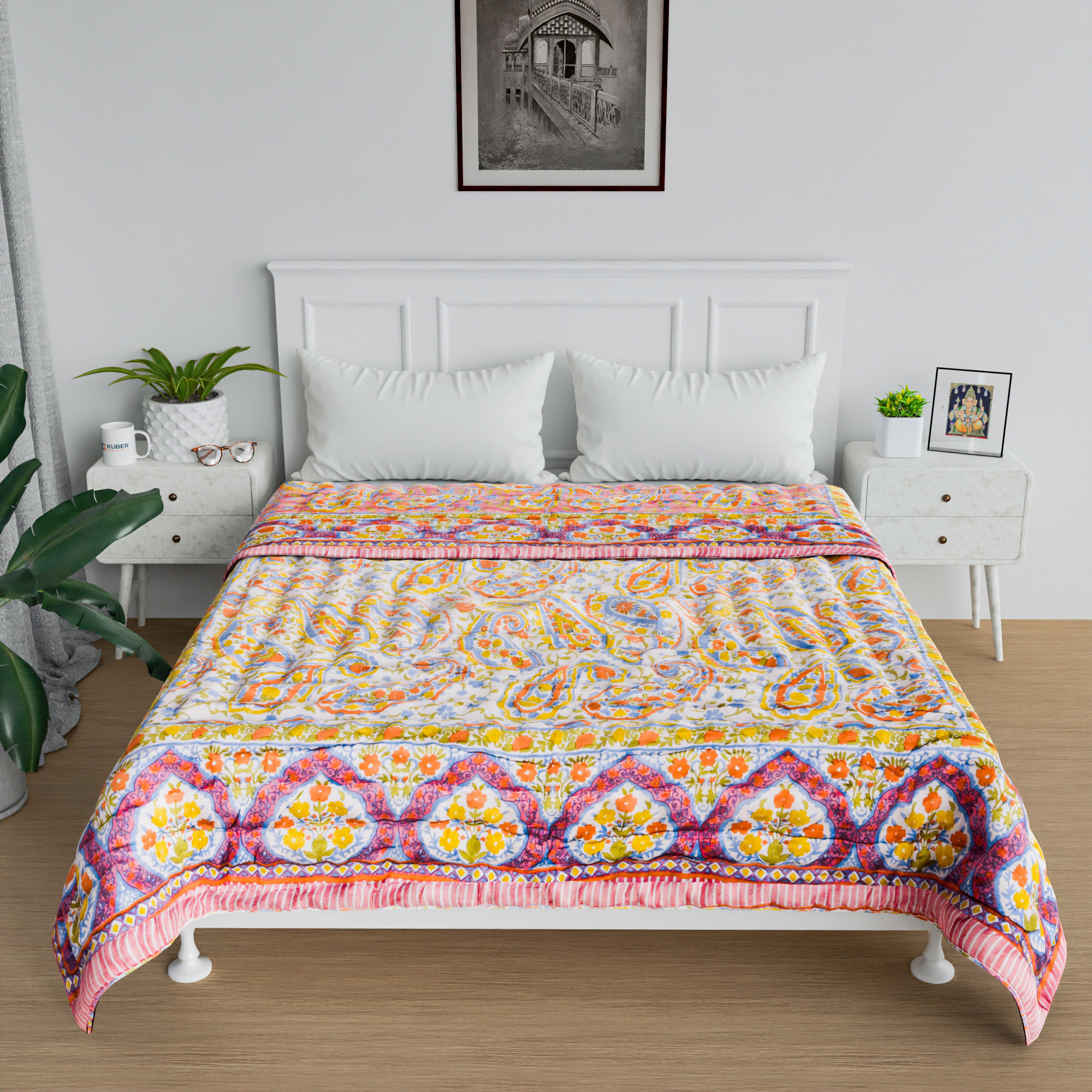 Kuber Industries Razai  Cotton Single Bed Blanket Rajai  Bedspread Quilt Set  Blanket for winter  Blanket for Bed  Bedding Comforter  Carry Flower Mul Mul Razai  Pink