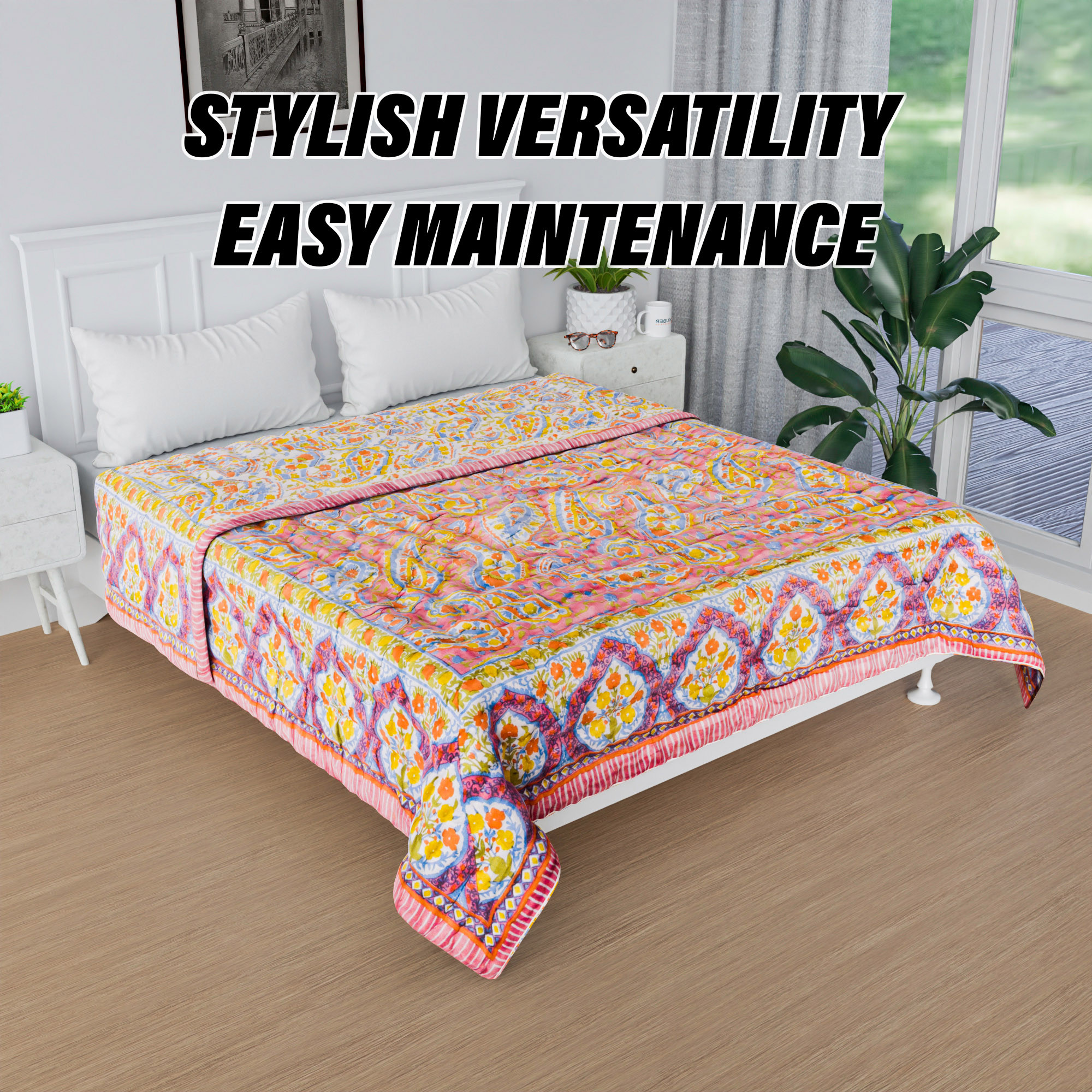 Kuber Industries Razai  Cotton Single Bed Blanket Rajai  Bedspread Quilt Set  Blanket for winter  Blanket for Bed  Bedding Comforter  Carry Flower Mul Mul Razai  Pink