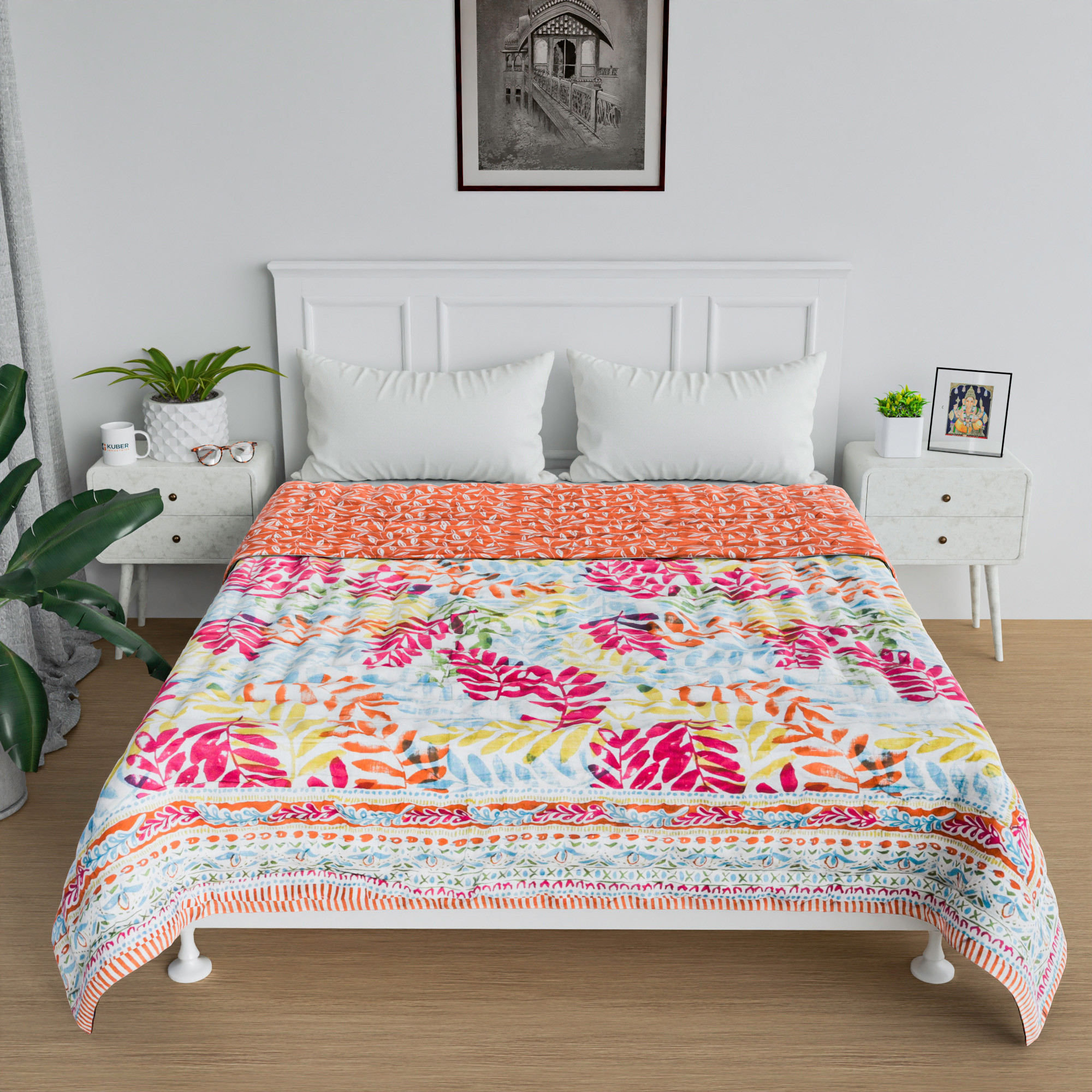 Kuber Industries Razai  Cotton Single Bed Blanket Rajai  Bedspread Quilt Set  Blanket for winter  Blanket for Bed  Bedding Comforter  Leaf Mul Mul Razai  Orange