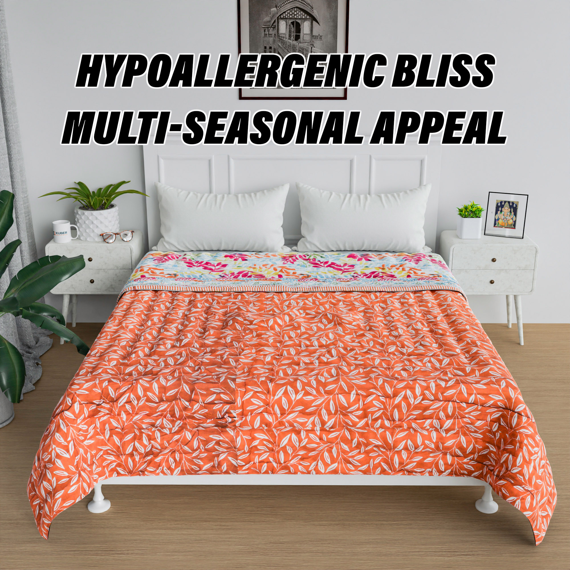 Kuber Industries Razai  Cotton Single Bed Blanket Rajai  Bedspread Quilt Set  Blanket for winter  Blanket for Bed  Bedding Comforter  Leaf Mul Mul Razai  Orange