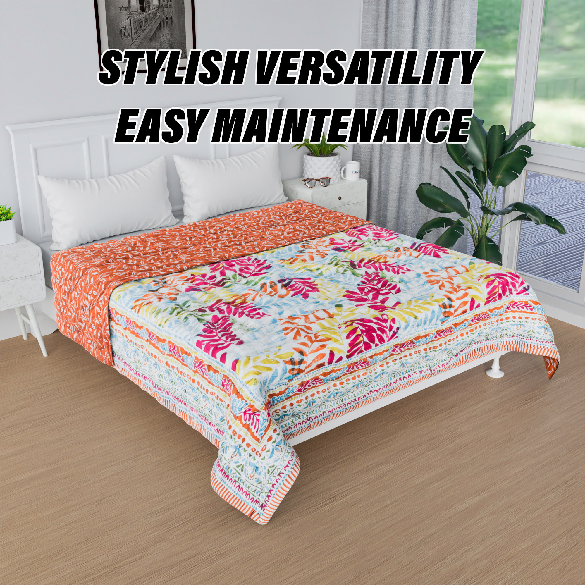 Kuber Industries Razai  Cotton Single Bed Blanket Rajai  Bedspread Quilt Set  Blanket for winter  Blanket for Bed  Bedding Comforter  Leaf Mul Mul Razai  Orange