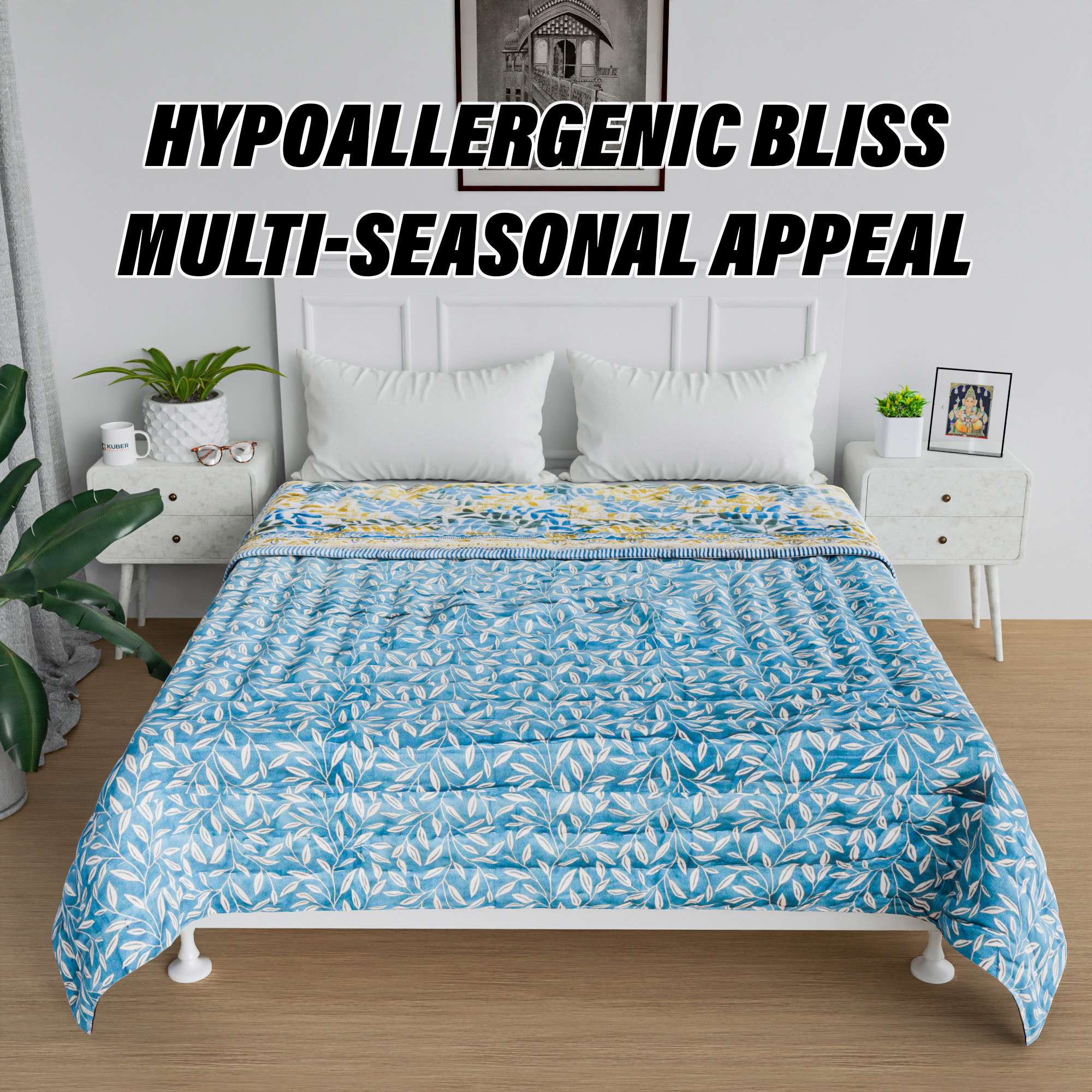 Kuber Industries Razai  Cotton Single Bed Blanket Rajai  Bedspread Quilt Set  Blanket for winter  Blanket for Bed  Bedding Comforter  Leaf Mul Mul Razai  Blue