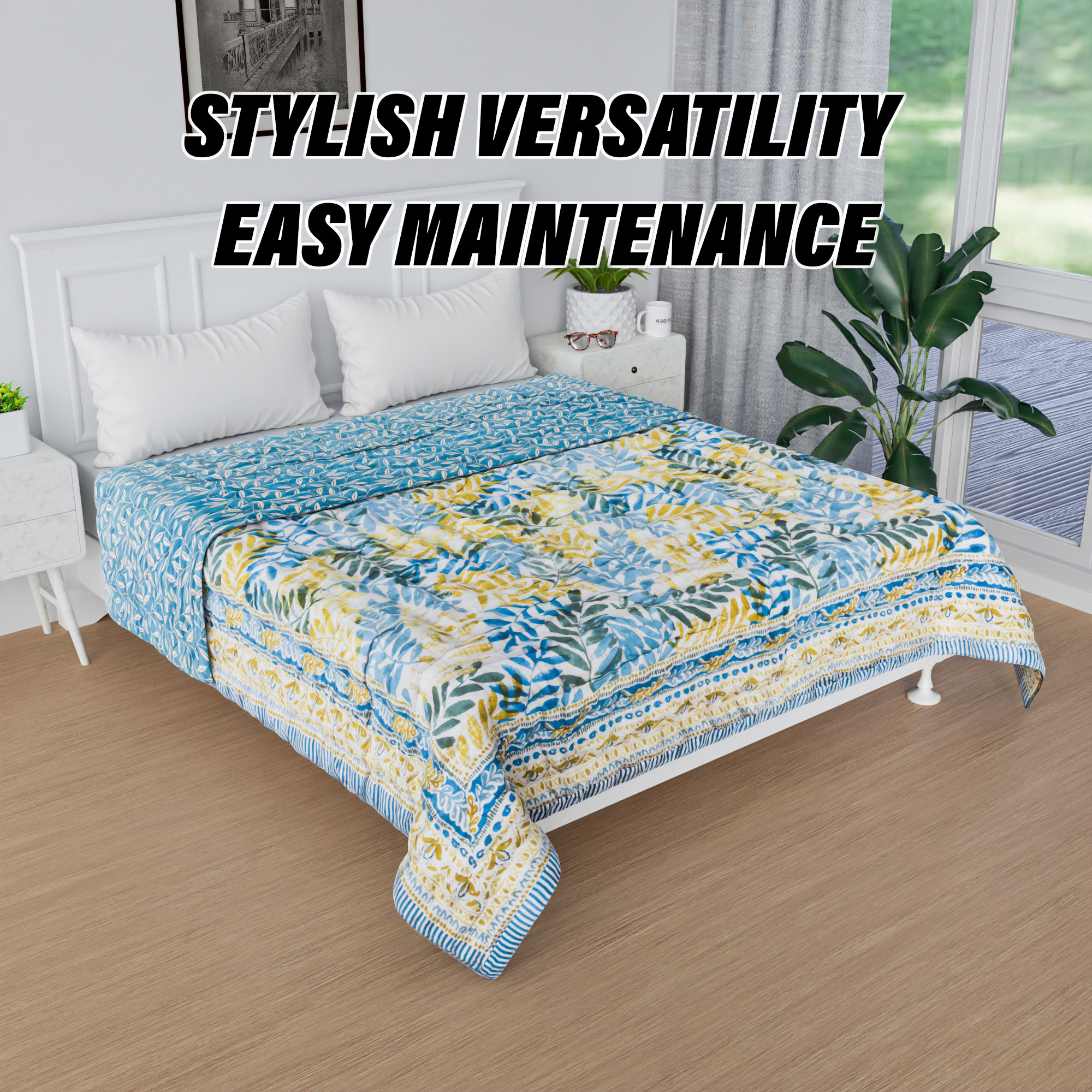 Kuber Industries Razai  Cotton Single Bed Blanket Rajai  Bedspread Quilt Set  Blanket for winter  Blanket for Bed  Bedding Comforter  Leaf Mul Mul Razai  Blue