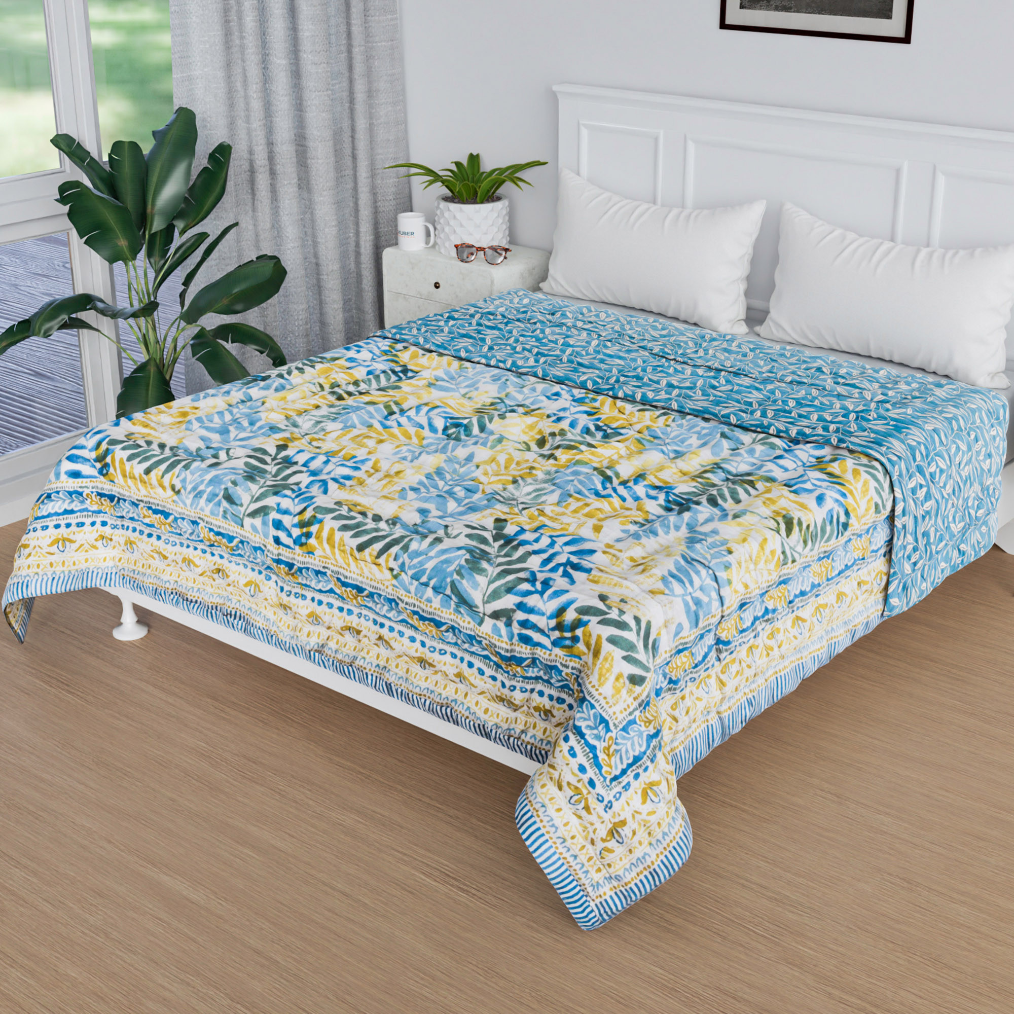 Kuber Industries Razai | Cotton Single Bed Blanket Rajai | Bedspread Quilt Set | Blanket for winter | Blanket for Bed | Bedding Comforter | Leaf Mul Mul Razai | Blue