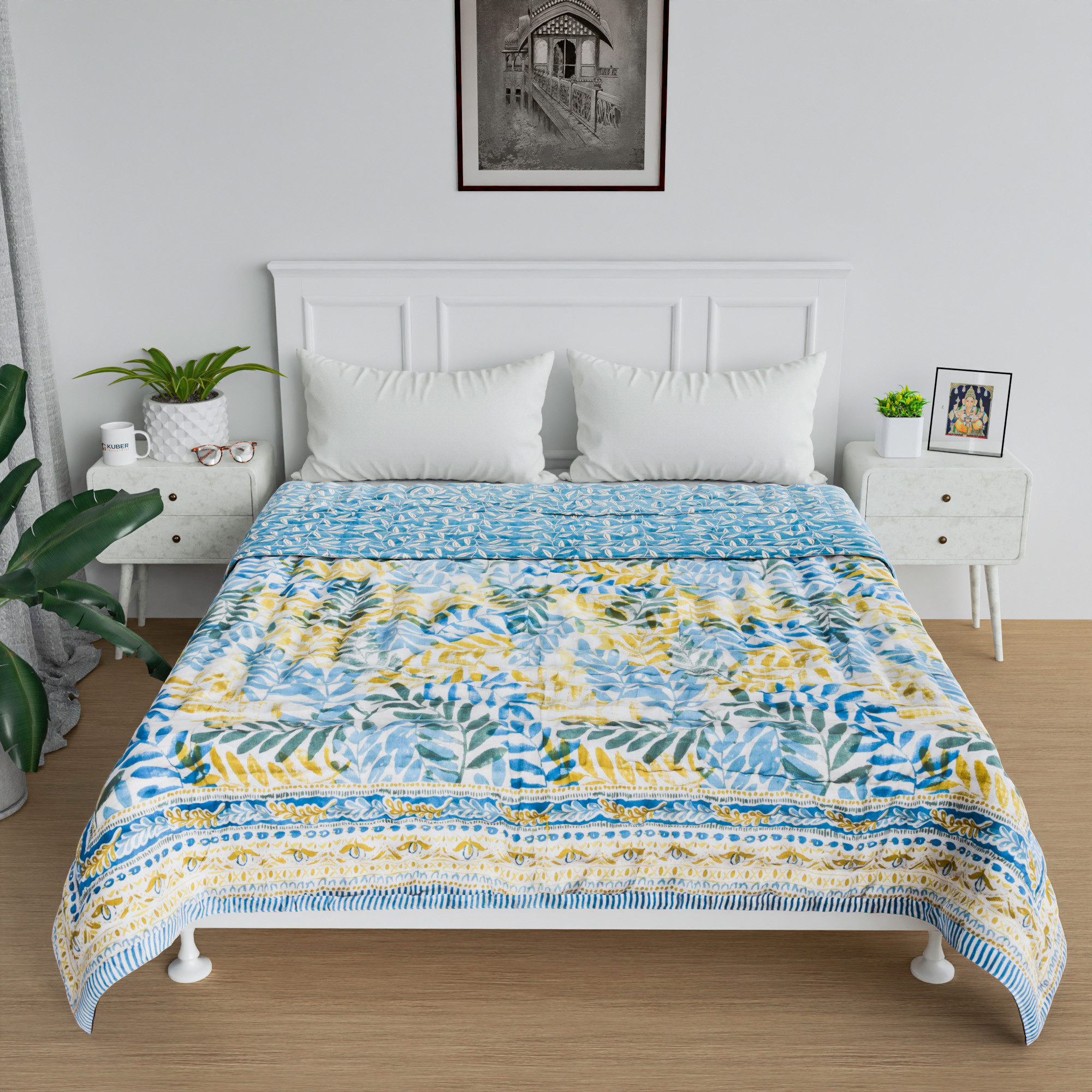 Kuber Industries Razai | Cotton Single Bed Blanket Rajai | Bedspread Quilt Set | Blanket for winter | Blanket for Bed | Bedding Comforter | Leaf Mul Mul Razai | Blue