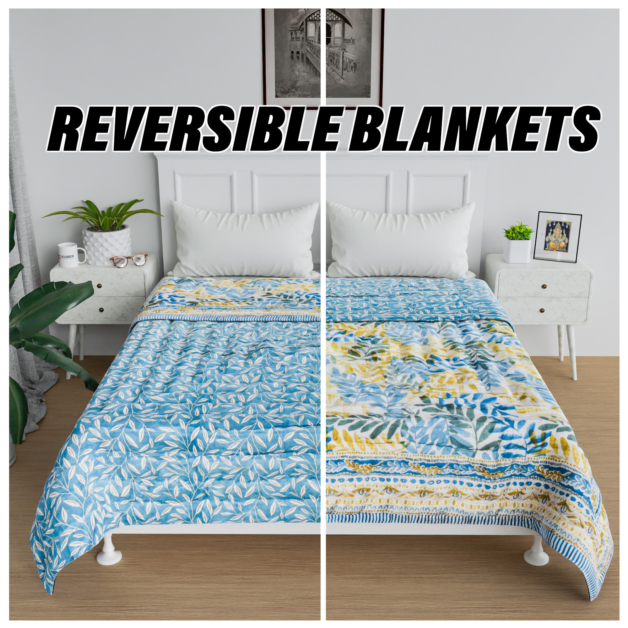 Kuber Industries Razai | Cotton Single Bed Blanket Rajai | Bedspread Quilt Set | Blanket for winter | Blanket for Bed | Bedding Comforter | Leaf Mul Mul Razai | Blue