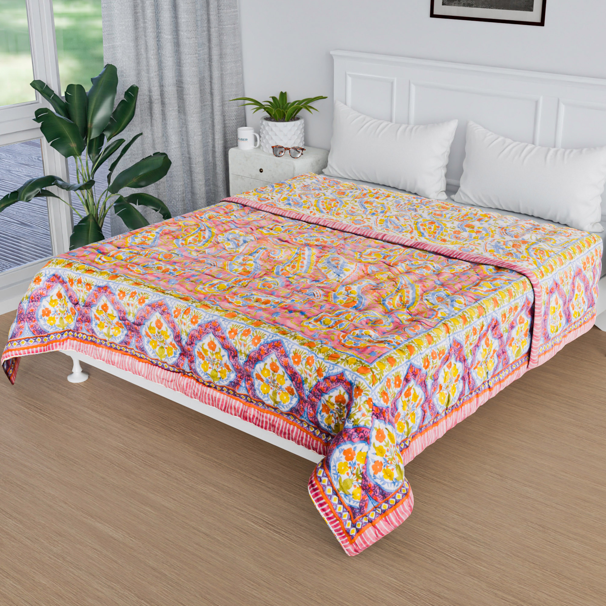 Kuber Industries Razai | Cotton Single Bed Blanket Rajai | Bedspread Quilt Set | Blanket for winter | Blanket for Bed | Bedding Comforter | Carry Flower Mul Mul Razai | Pink