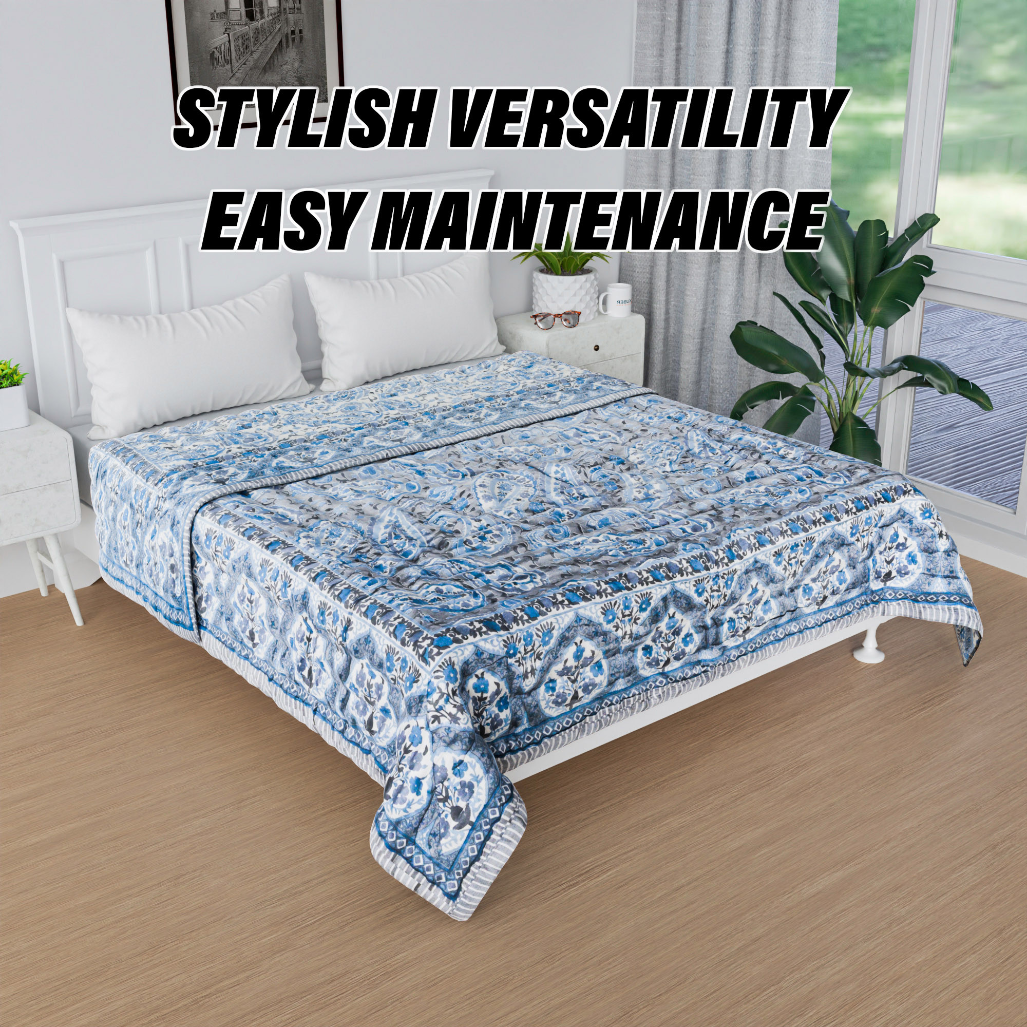 Kuber Industries Razai | Cotton Single Bed Blanket Rajai | Bedspread Quilt Set | Blanket for winter | Blanket for Bed | Bedding Comforter | Carry Flower Mul Mul Razai | Gray