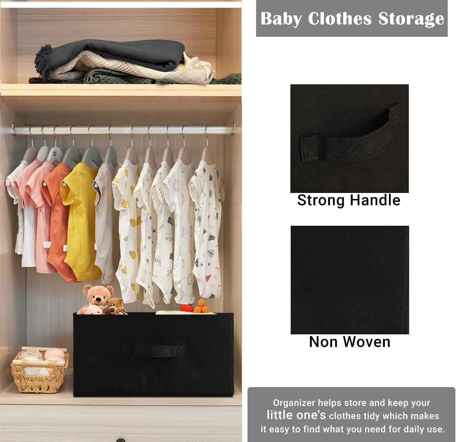 Kuber Industries Rectangle Foldable  Multipurpose Wardrobe Storage Organizer for Home  26 Litres Portable CupboardCloset Organiser Storage Box for Clothes  Toys  Plain - Black