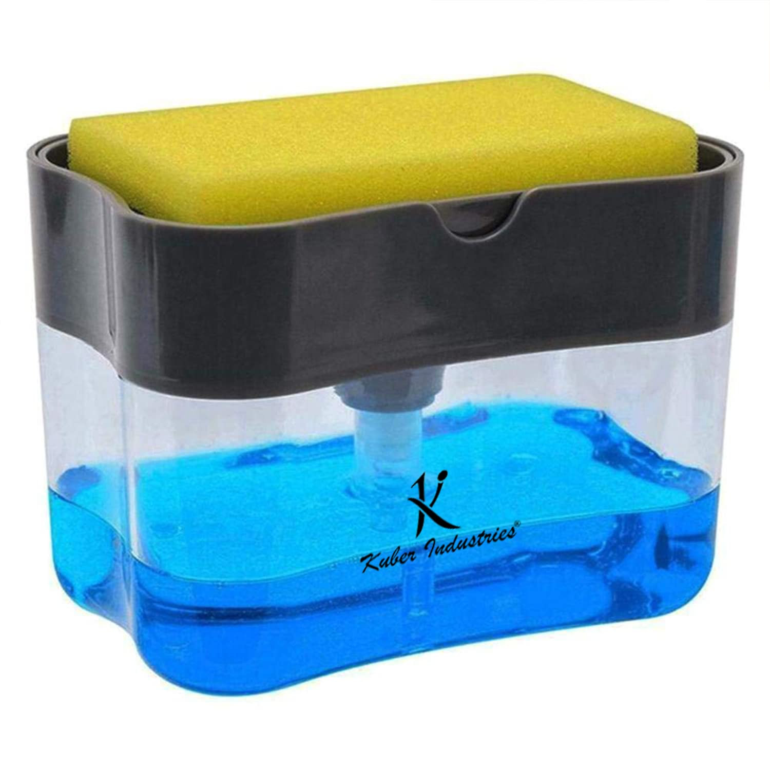 Kuber Industries Rectangle Liquid Soap Dispenser for Kitchen | with Pump and Sponge Holder | Plastic, Lightweight & Durable | Multipurpose Use, Ergonomic Design & Easy to Clean | Grey
