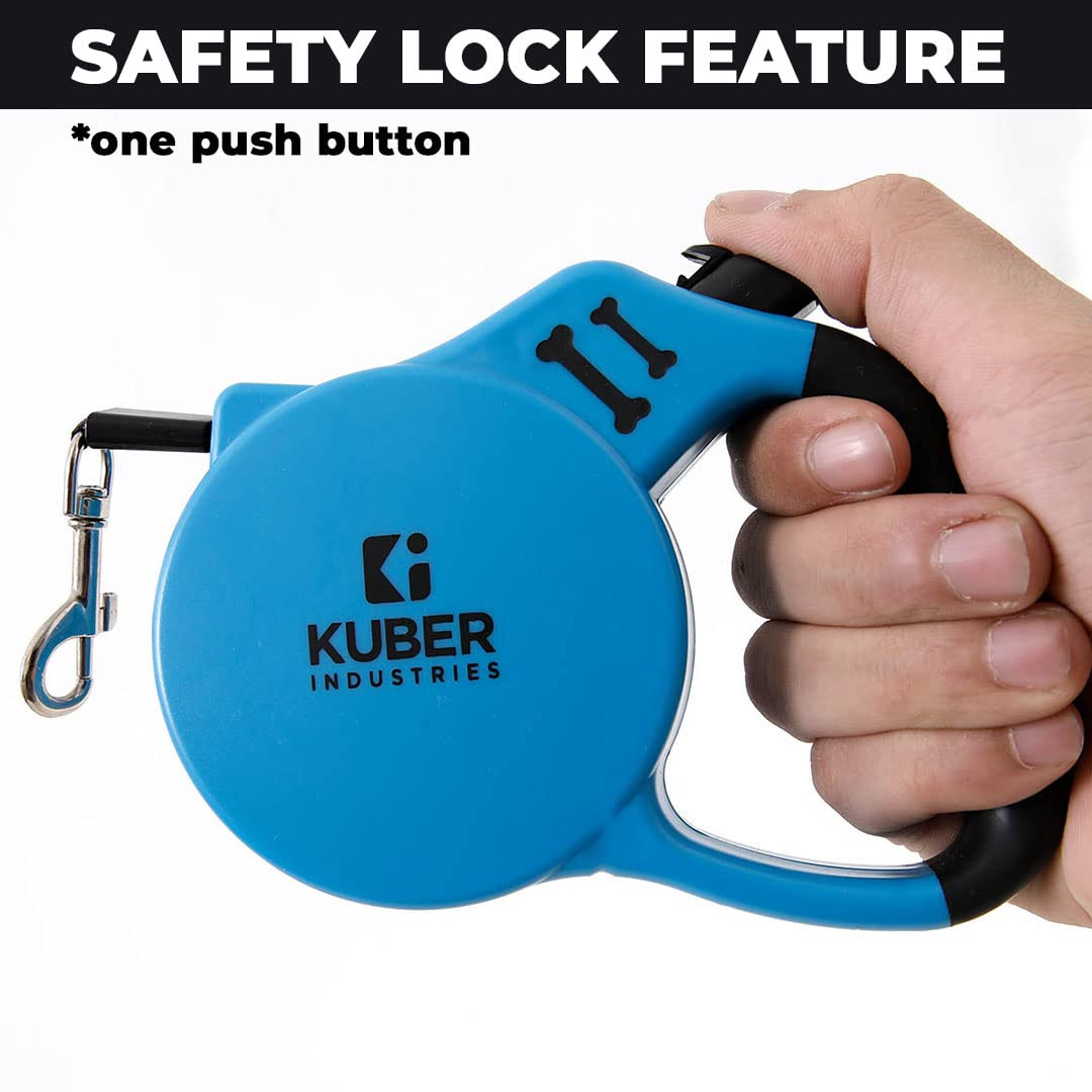 Kuber Industries Retractable Dog for Walking Jogging Training Leash for Small & Medium Dogs with Polyester Tape with Hand Grip|One Button Break with Safety Lock|Automatic & Non-Slip Handle-Blue