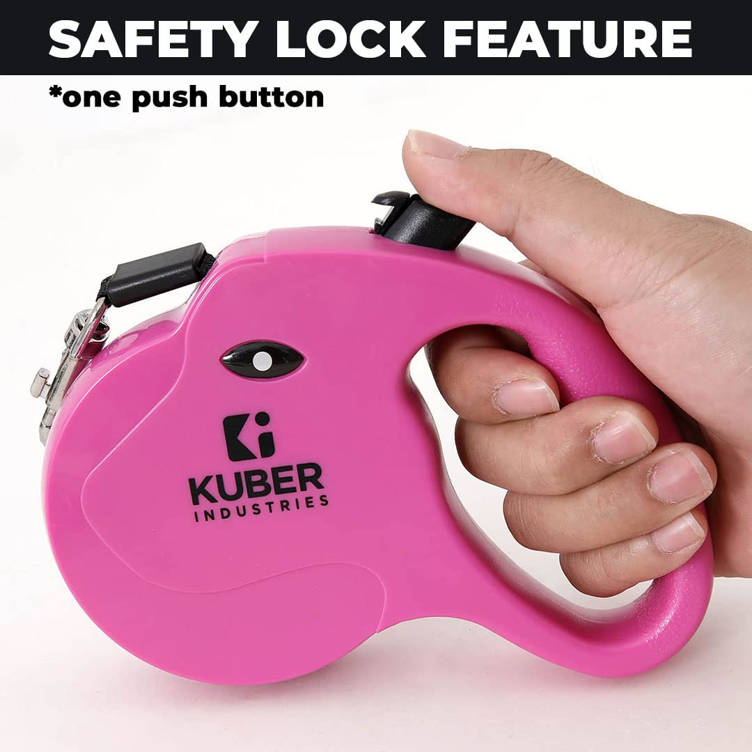 Kuber Industries Retractable Dog for Walking Jogging Training Leash for Small & Medium Dogs with Polyester Tape with Hand Grip and One Button Brake & Lock - Rose Red