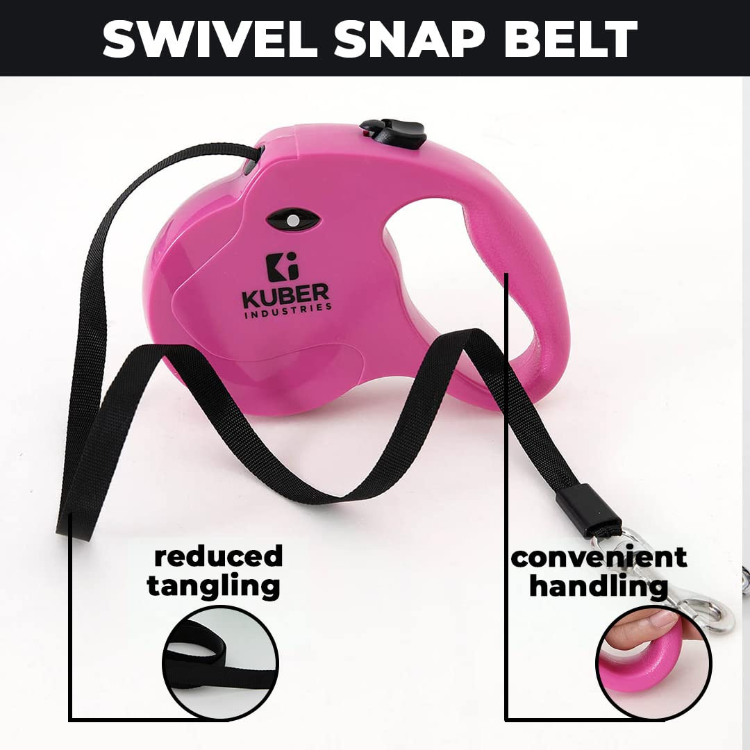 Kuber Industries Retractable Dog for Walking Jogging Training Leash for Small & Medium Dogs with Polyester Tape with Hand Grip and One Button Brake & Lock - Rose Red