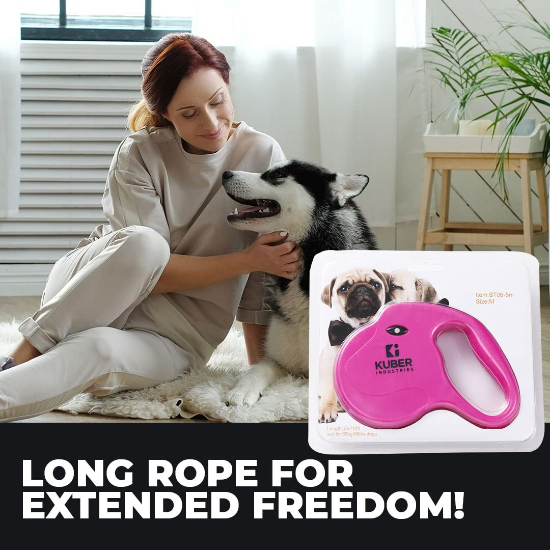 Kuber Industries Retractable Dog for Walking Jogging Training Leash for Small & Medium Dogs with Polyester Tape with Hand Grip and One Button Brake & Lock - Rose Red