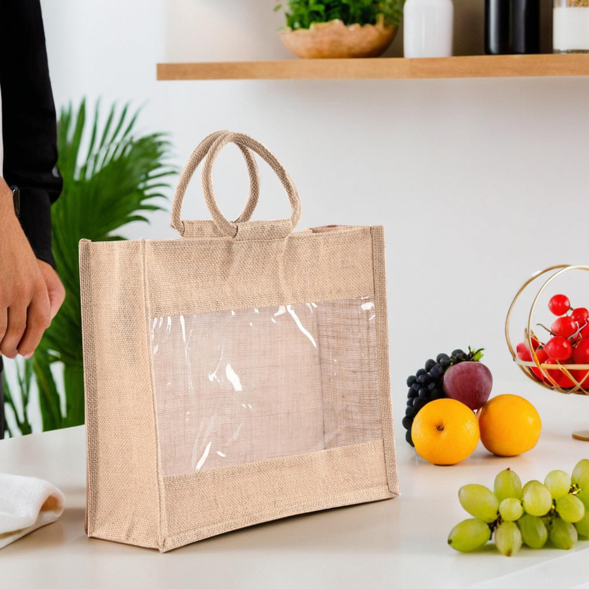 Kuber Industries Reusable Jute Grocery Bags for Shopping  Foldable  See-Through Vegetable Bags for Market  Lunch BoxTiffin Bags for Office  Carry Jhola for Women  Brown