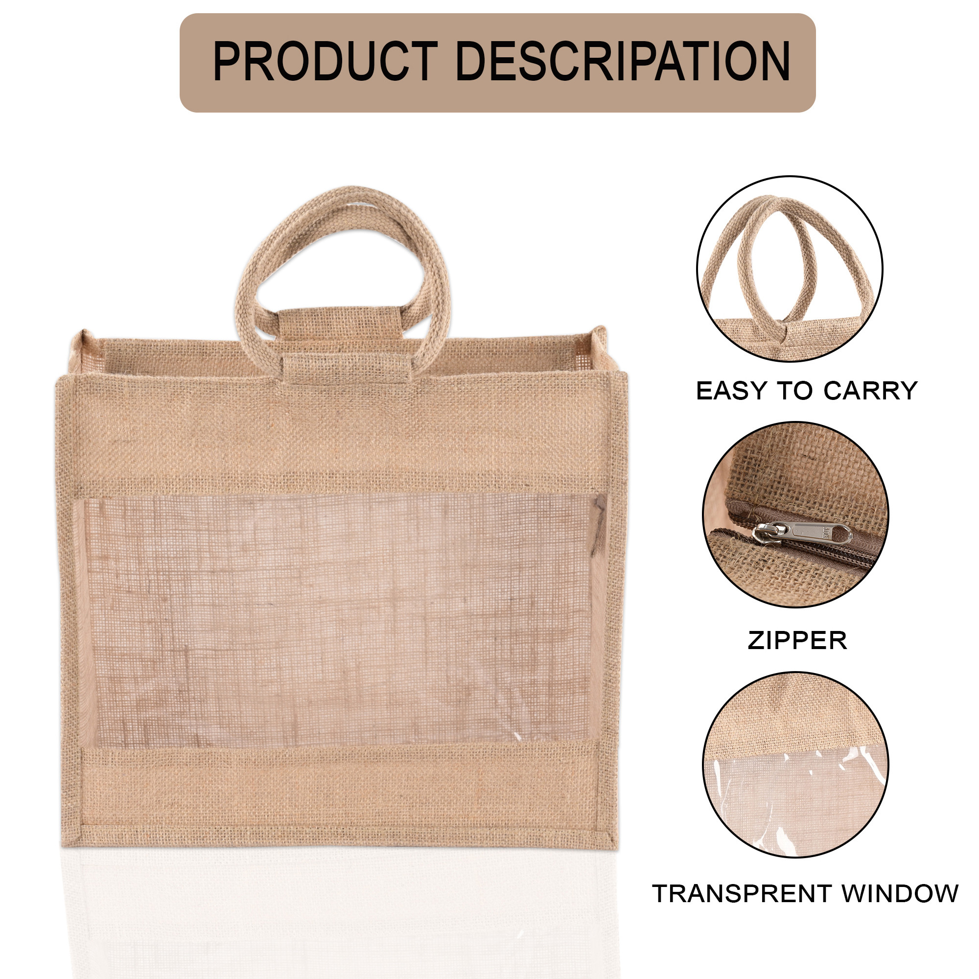 Kuber Industries Reusable Jute Grocery Bags for Shopping  Foldable  See-Through Vegetable Bags for Market  Lunch BoxTiffin Bags for Office  Carry Jhola for Women  Brown