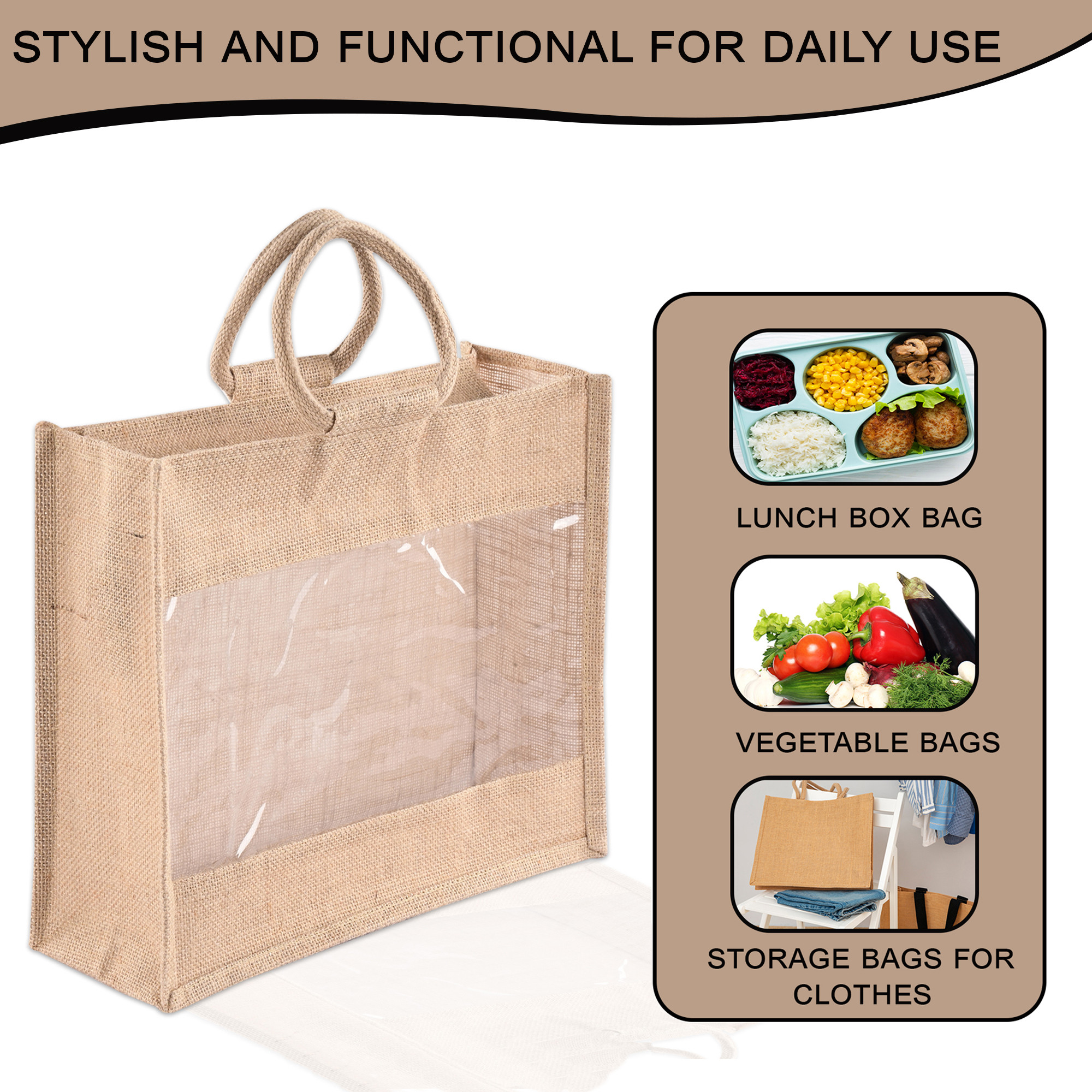 Kuber Industries Reusable Jute Grocery Bags for Shopping  Foldable  See-Through Vegetable Bags for Market  Lunch BoxTiffin Bags for Office  Carry Jhola for Women  Brown