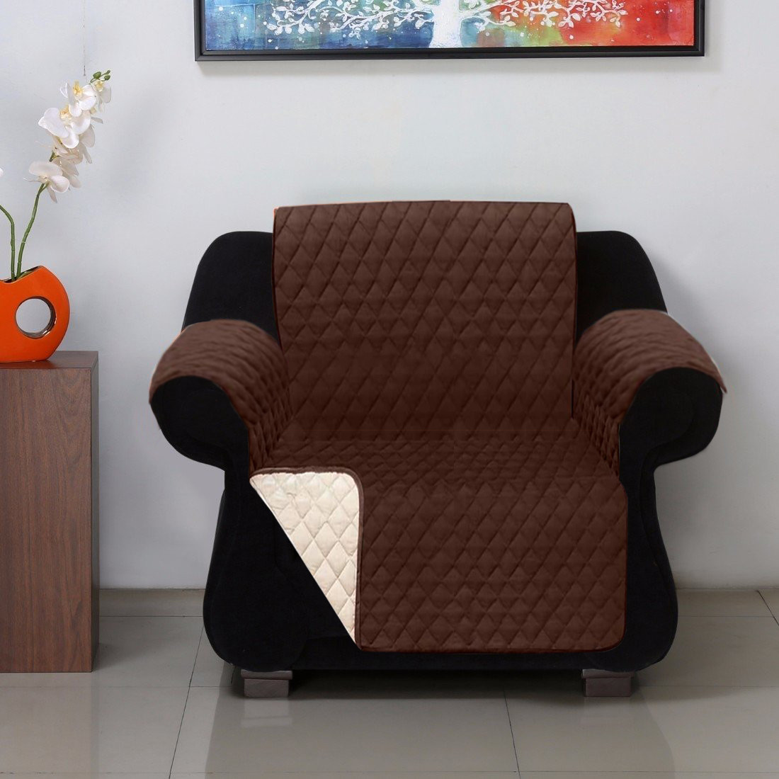 Kuber Industries Reversible 1 Seater Polyester Sofa Cover for Living Room, Brown & Ivory