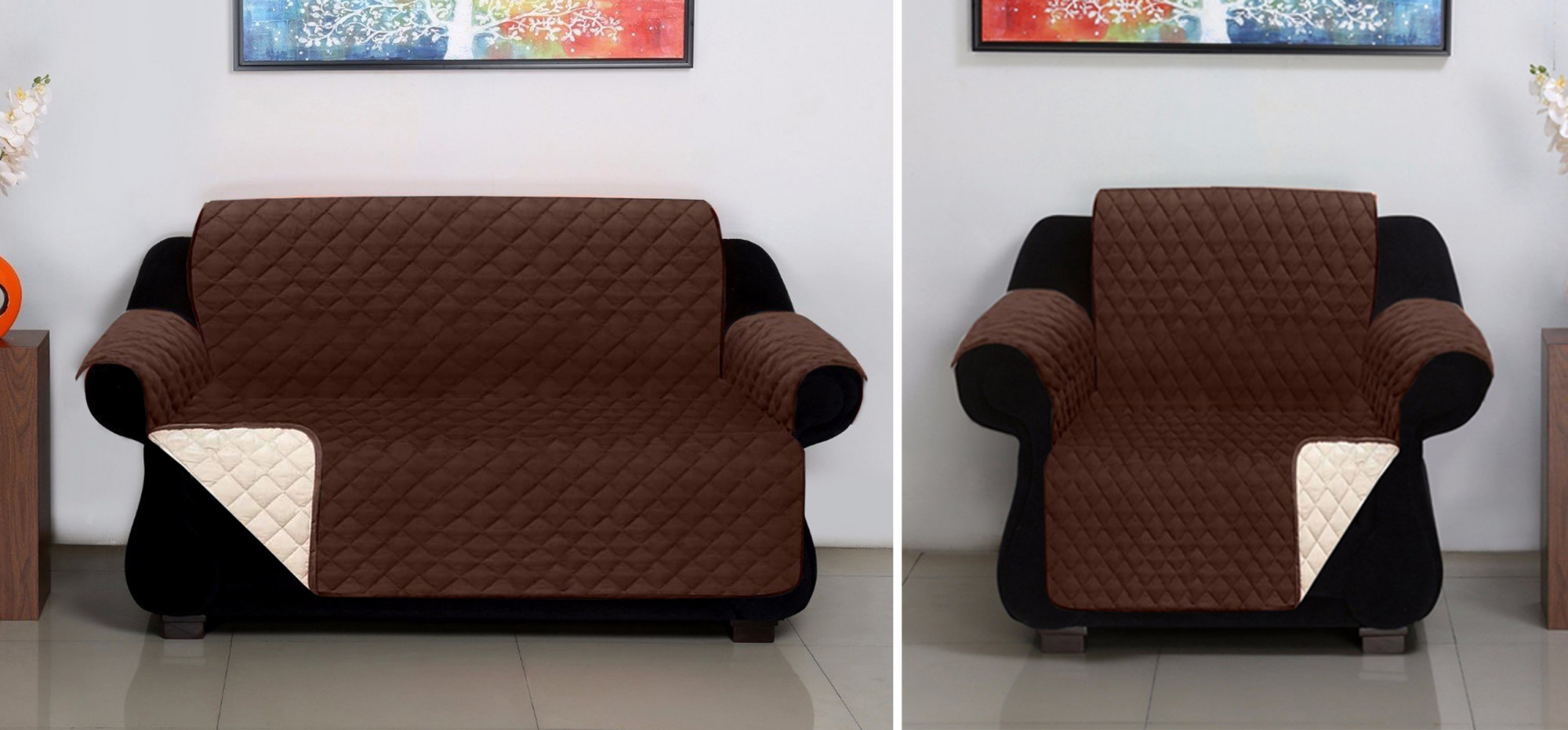 Kuber Industries Reversible 2+1 Seater Polyester Sofa Cover for Living Room, Brown & Ivory