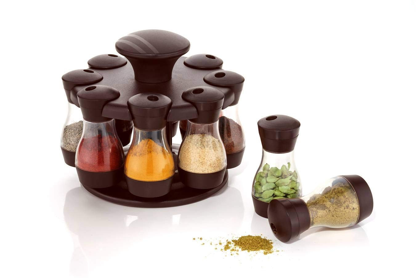 Kuber Industries Revolving Spice Rack Organizer - Spinning Countertop Herb And Spice Rack Organizer With 8 Glass Jar Bottles (Brown)