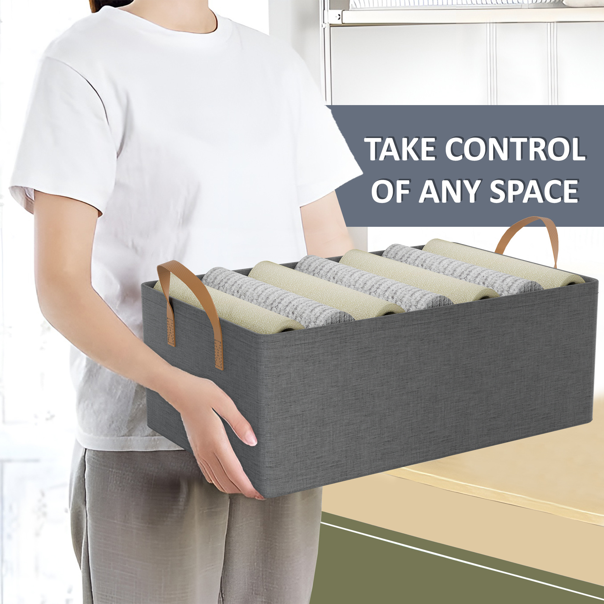 Kuber Industries Rexine Foldable Cloth Organizer for Storage with Metal Frames  Handles  Multipurpose Closet  Almirah Organizer  Drawer Slider Storage Box for Wardrobe Shelf  Grey