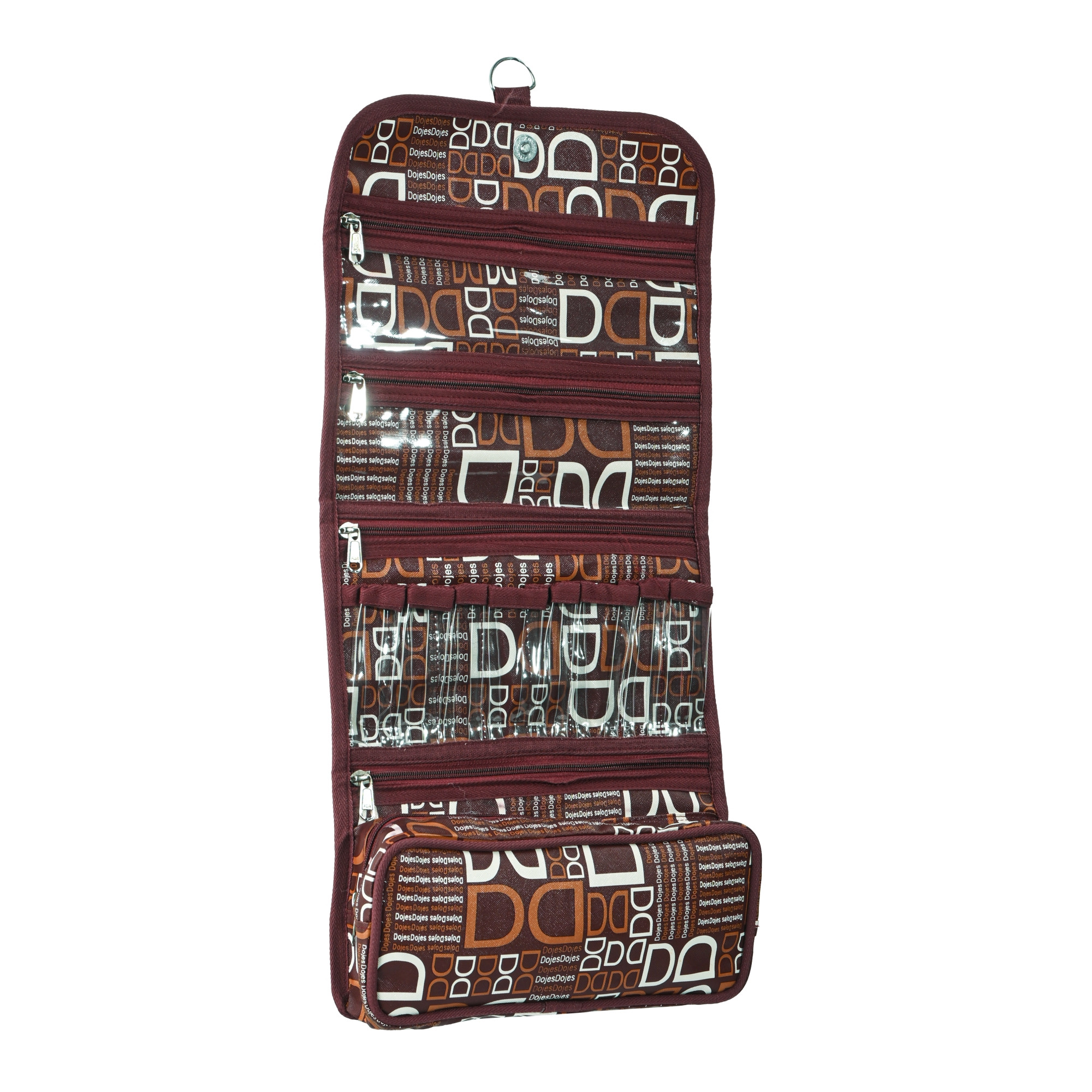 Kuber Industries Rexine Hanging Makeup Kit with Magnet Closure  Foldable  Stylish Toiletry Kit  Multipurpose Travel Toiletry Bag for Men and Women  D Print - Brown