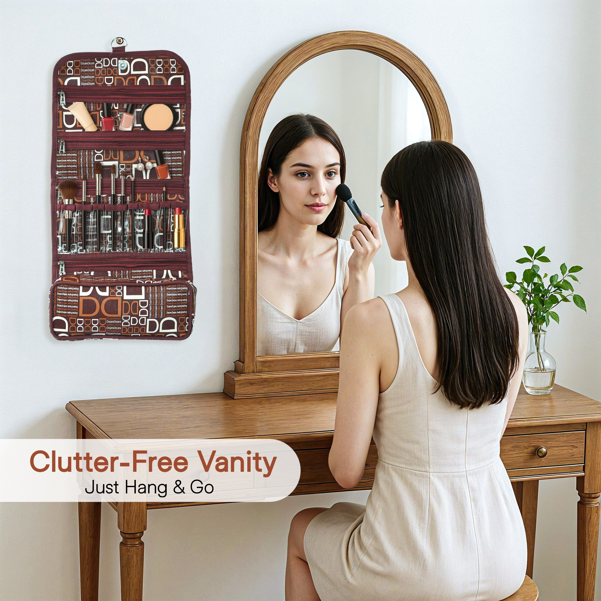 Kuber Industries Rexine Hanging Makeup Kit with Magnet Closure  Foldable  Stylish Toiletry Kit  Multipurpose Travel Toiletry Bag for Men and Women  D Print - Brown