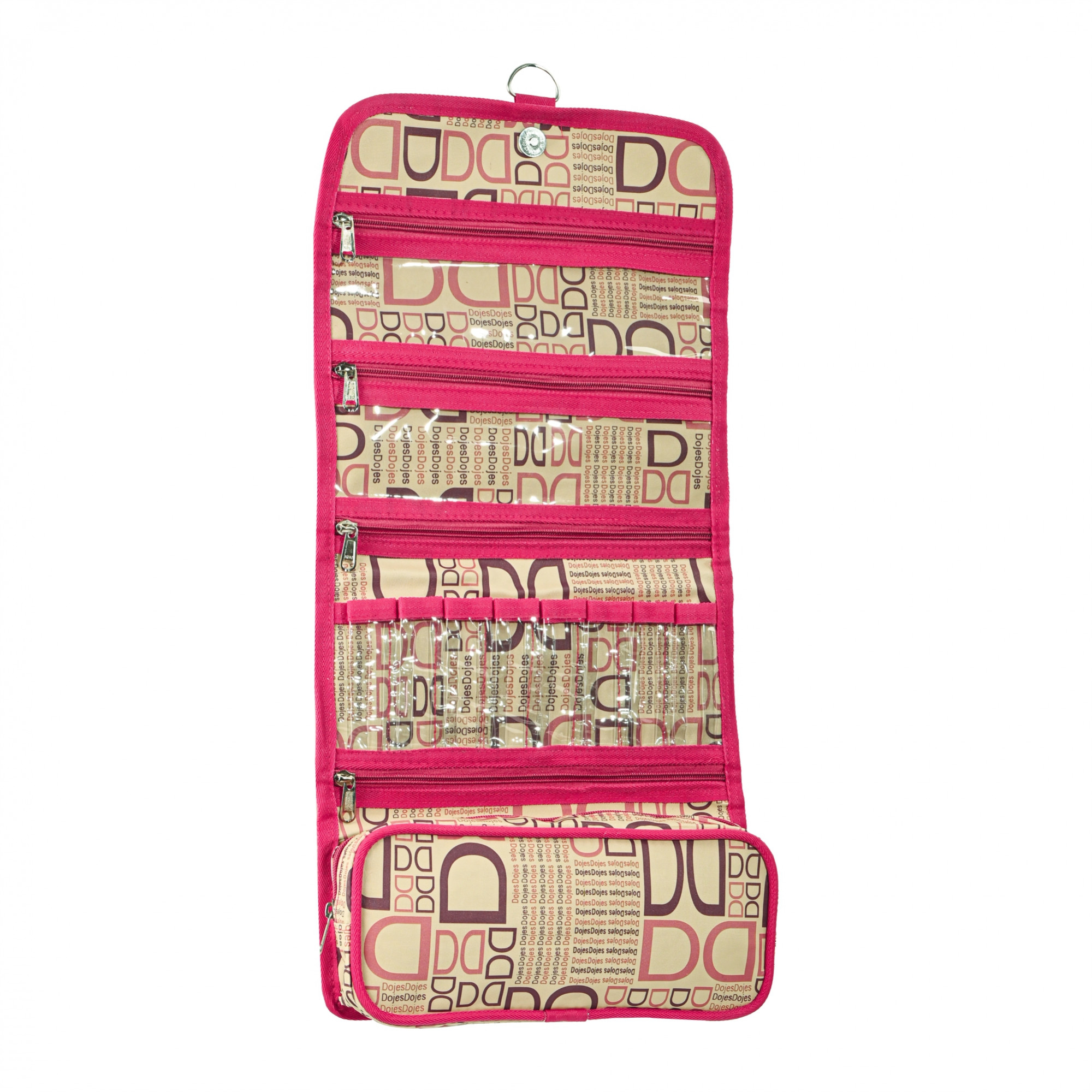 Kuber Industries Rexine Hanging Makeup Kit with Snap Button  Foldable  Stylish Toiletry Kit  Multipurpose Travel Toiletry Bag for Men and Women  D Print - Pink