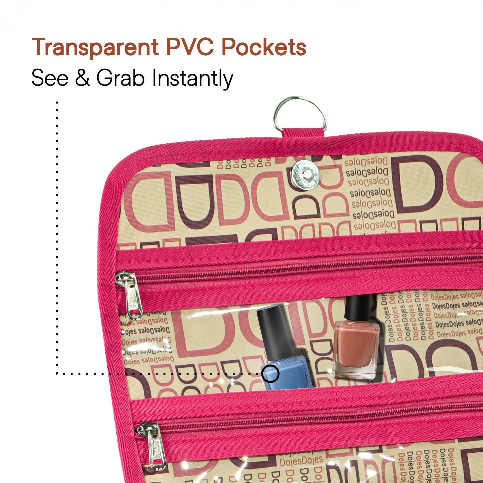 Kuber Industries Rexine Hanging Makeup Kit with Snap Button  Foldable  Stylish Toiletry Kit  Multipurpose Travel Toiletry Bag for Men and Women  D Print - Pink