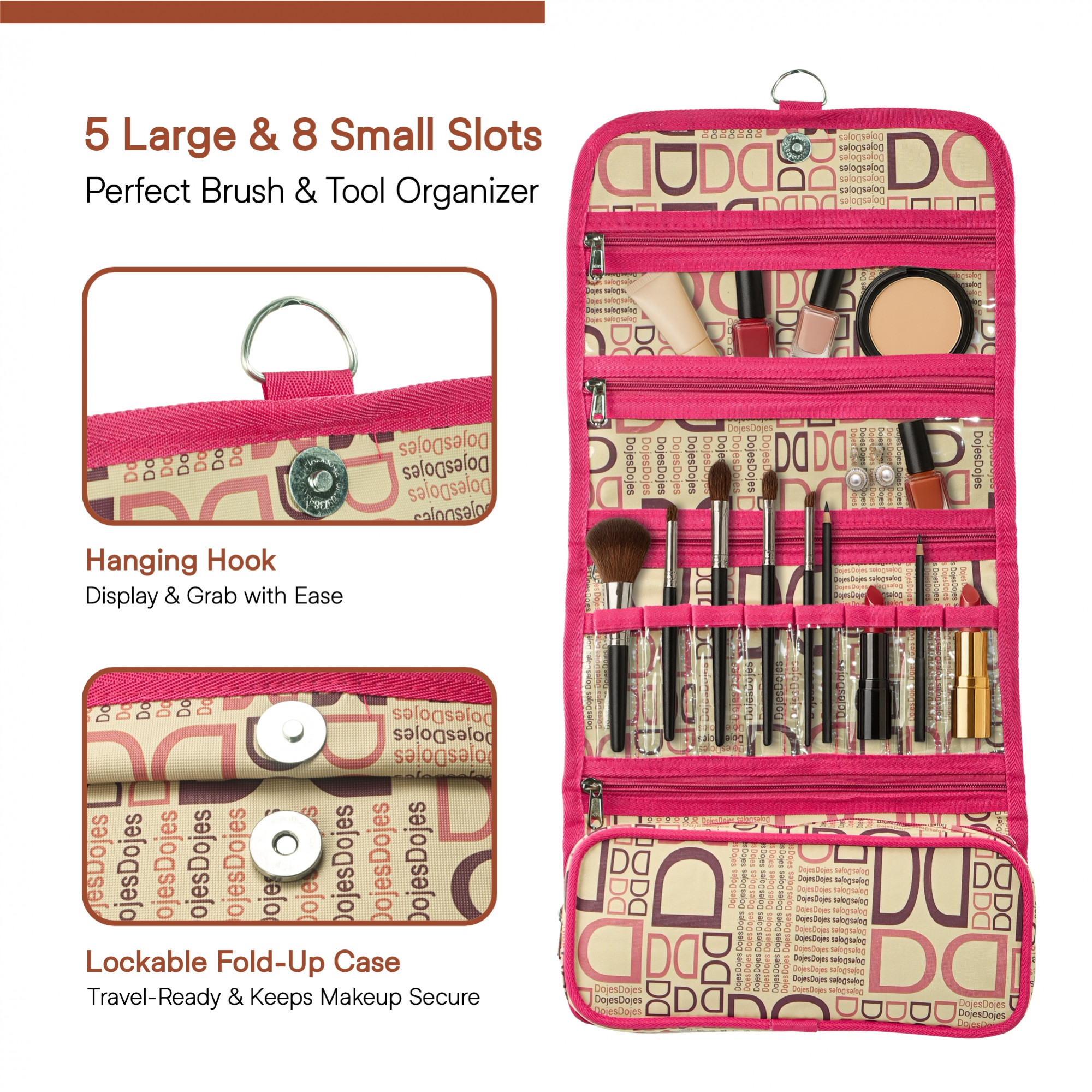 Kuber Industries Rexine Hanging Makeup Kit with Snap Button  Foldable  Stylish Toiletry Kit  Multipurpose Travel Toiletry Bag for Men and Women  D Print - Pink