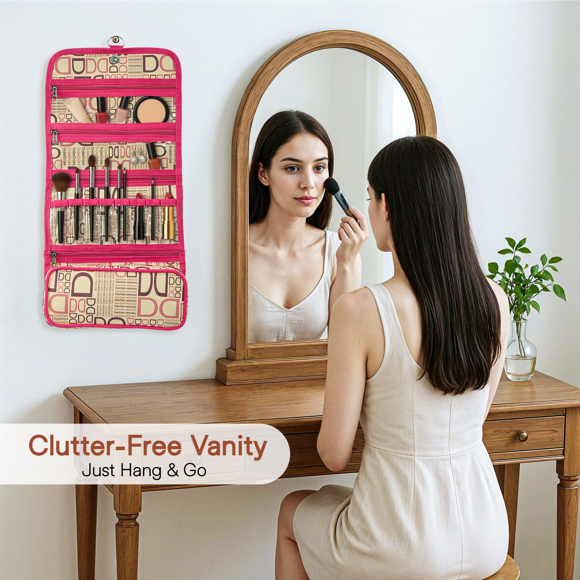 Kuber Industries Rexine Hanging Makeup Kit with Snap Button  Foldable  Stylish Toiletry Kit  Multipurpose Travel Toiletry Bag for Men and Women  D Print - Pink