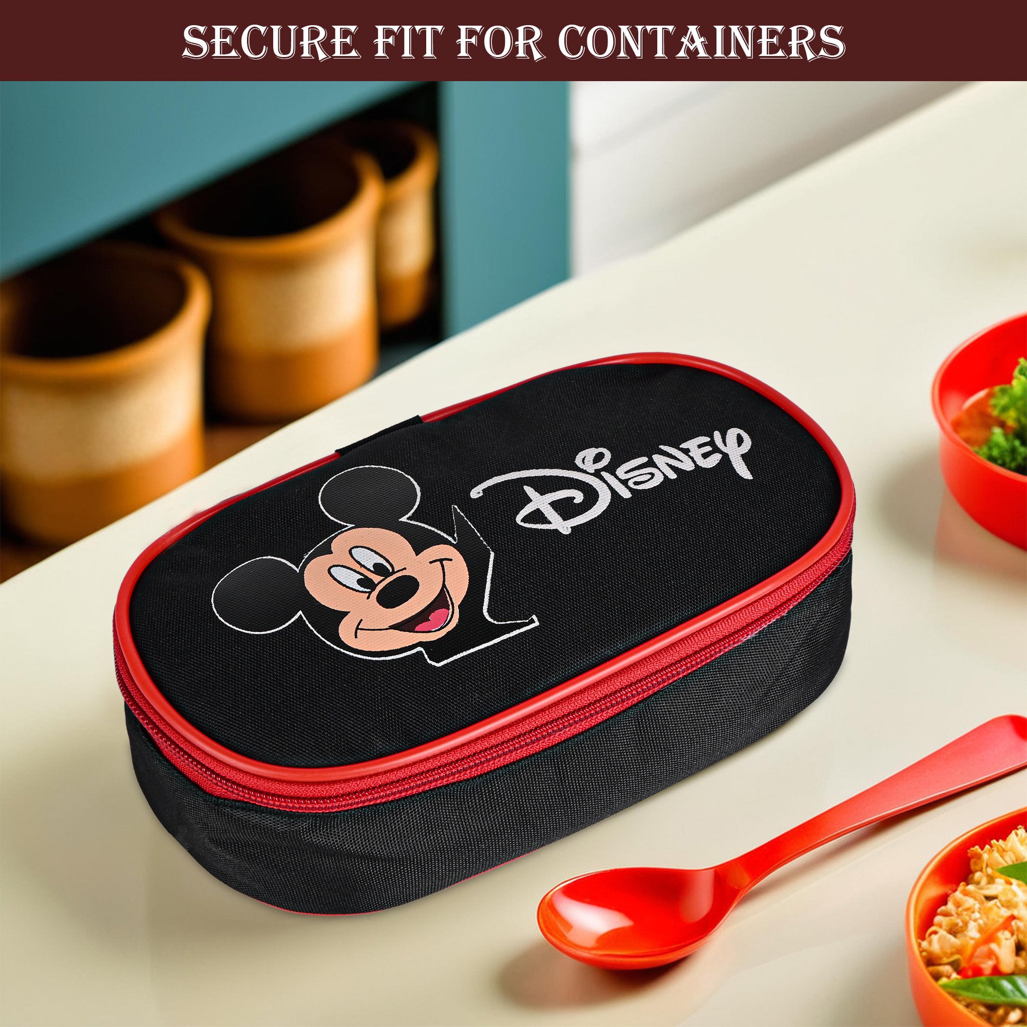 Kuber Industries Rexine Lunch Box Bags for Men with Zip  Lightweight  Easy To Clean Food  Lunch Bag for Office School  College  Disney Print - Black