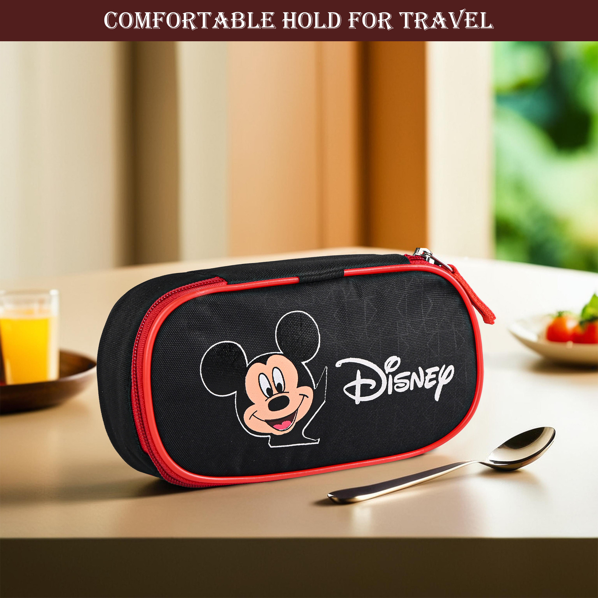 Kuber Industries Rexine Lunch Box Bags for Men with Zip  Lightweight  Easy To Clean Food  Lunch Bag for Office School  College  Disney Print - Black