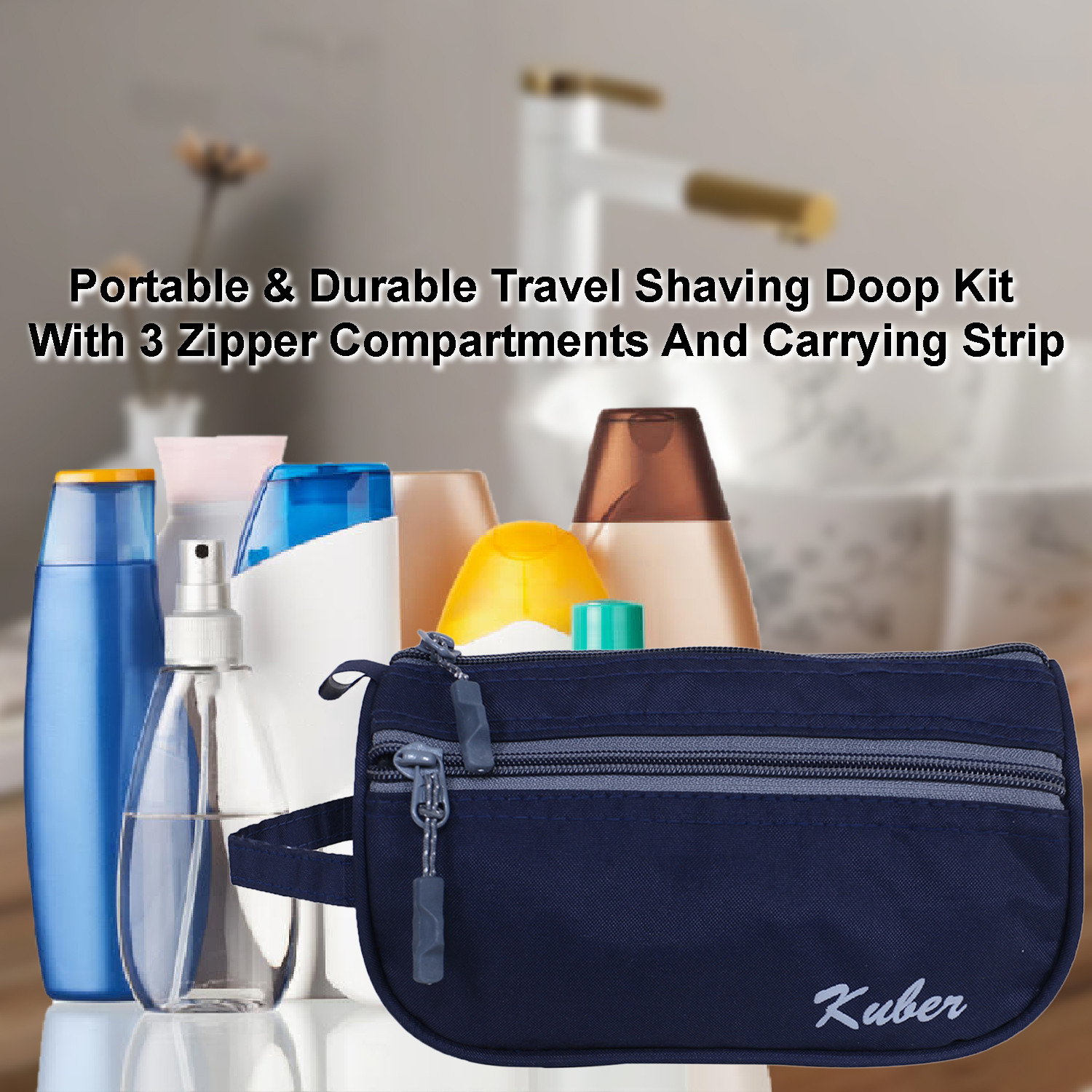 Kuber Industries Rexine Toiletry Organizer|Portable & Durable Travel Shaving Doop Kit With Fornt Zipper And Carrying Strip (Navy Blue)