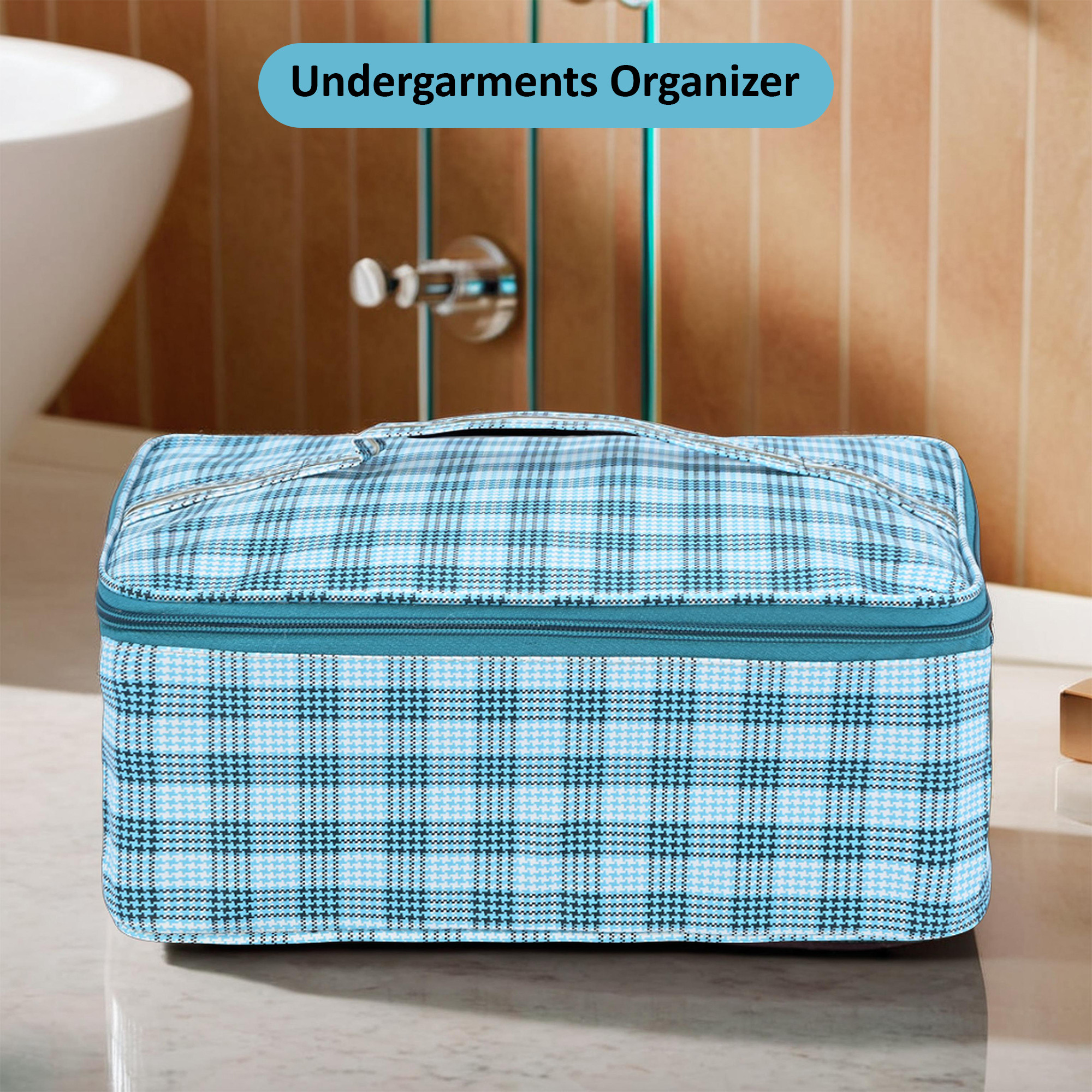 Kuber Industries Rexine Undergarments Organizer for Women with Handle  Wardrobe Organizer for Storage Underwear Socks Bras Ties and Scarves  Check Print - Blue