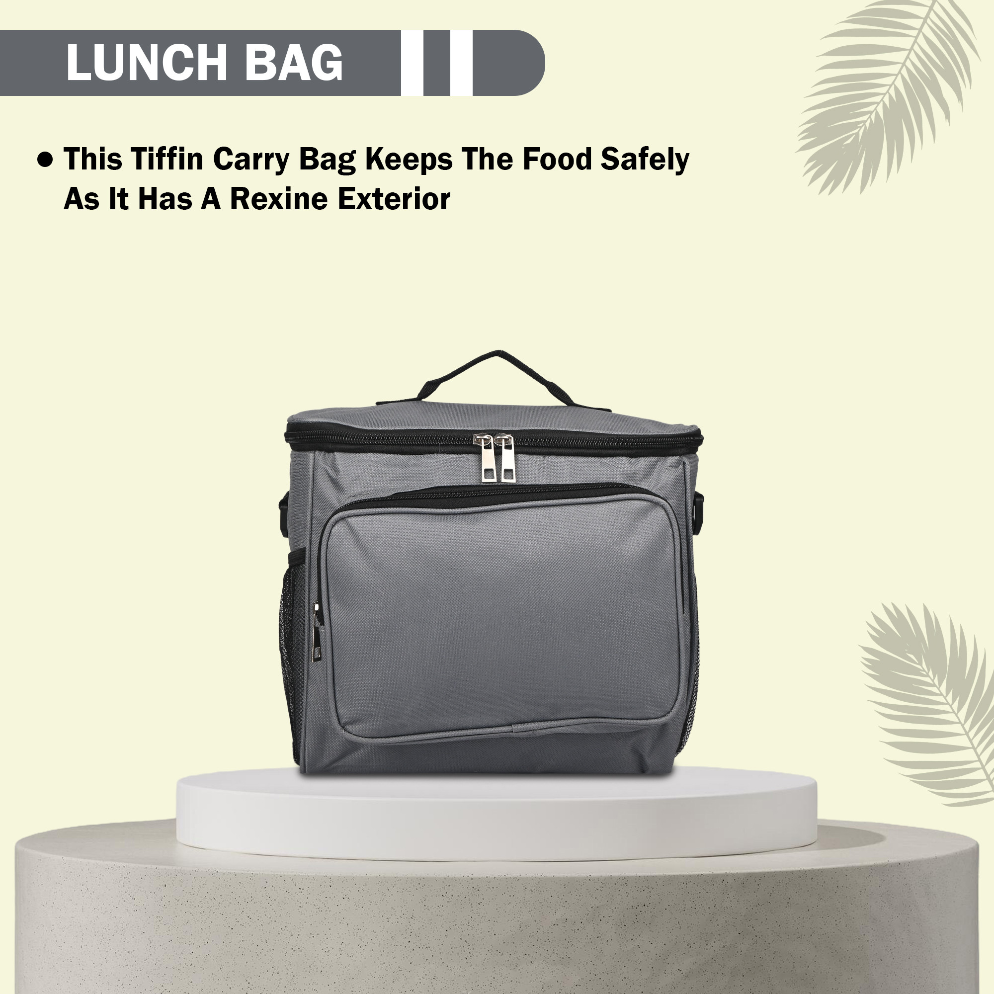 Kuber Industries Rexine Waterproof Insulated Lunch Box Bags for Men with Bottle Holder  Lightweight  Easy To Clean Lunch Bag for Office School  College  Grey
