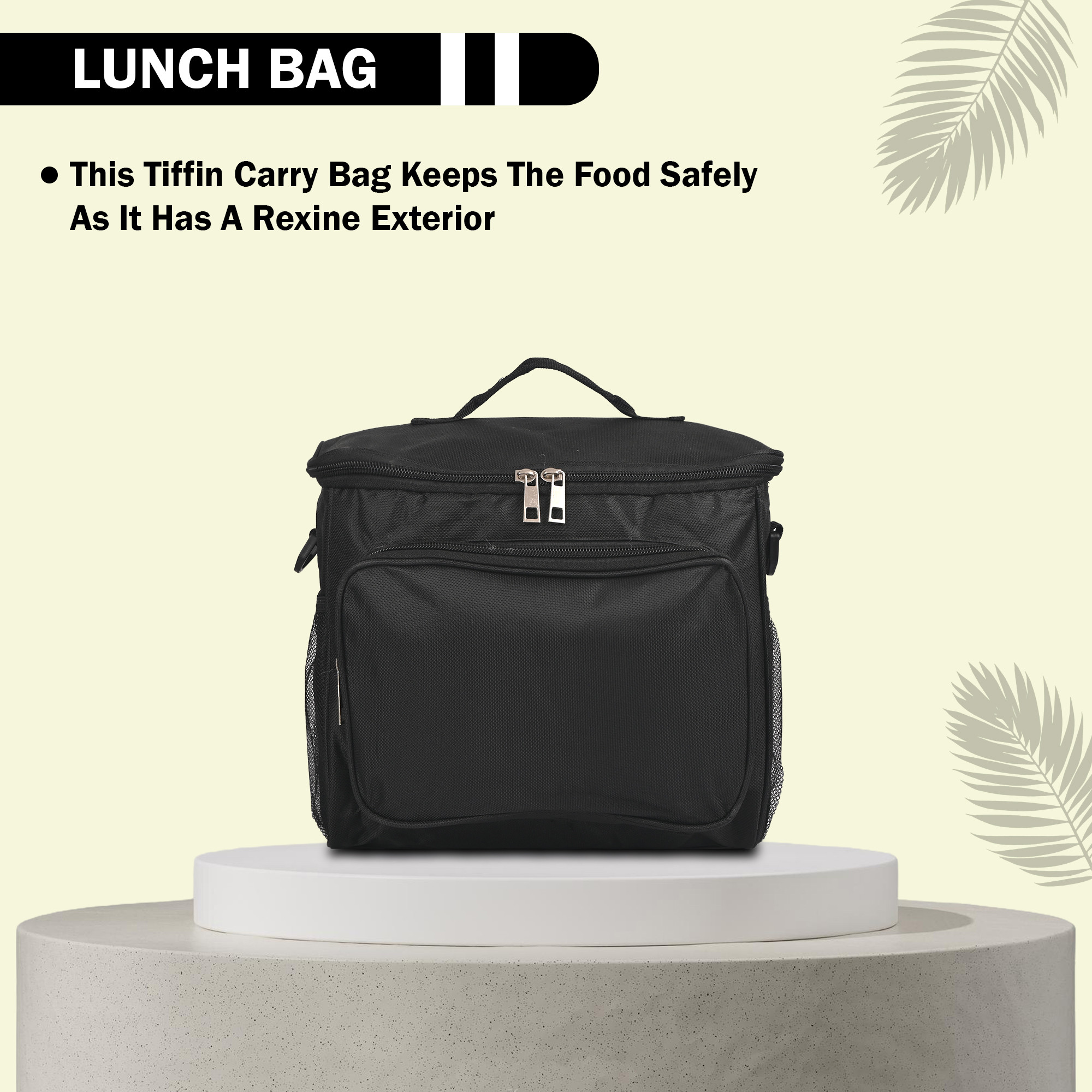 Kuber Industries Rexine Waterproof Insulated Lunch Box Bags for Men with Bottle Holder  Lightweight  Easy To Clean Lunch Bag for Office School  College  Black