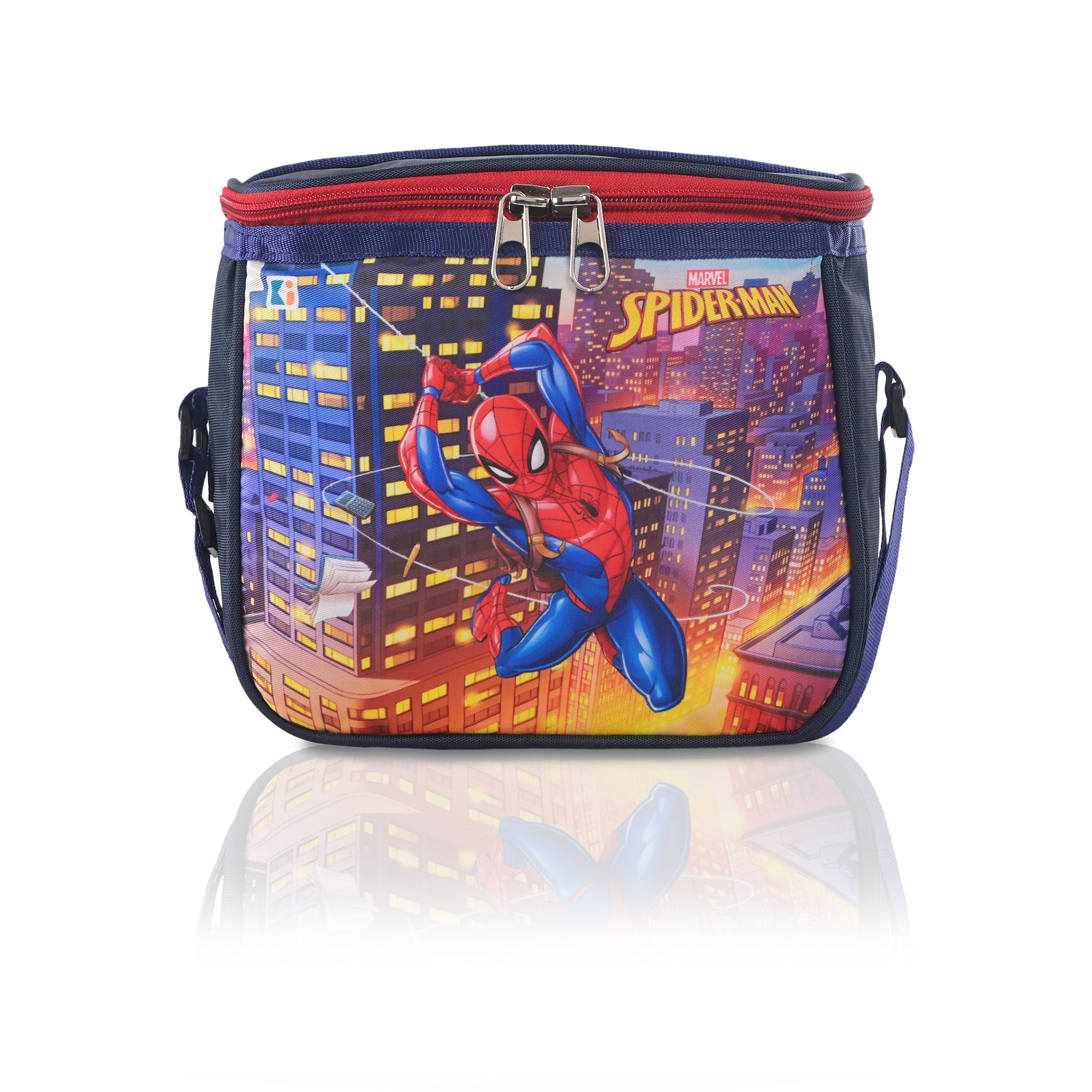 Kuber Industries Rexine Waterproof Tiffin Cover for Kids Women  Men with Handle  Lunch Carry Bag for School College and Offices  Marvel Spider Man Print - Navy Blue