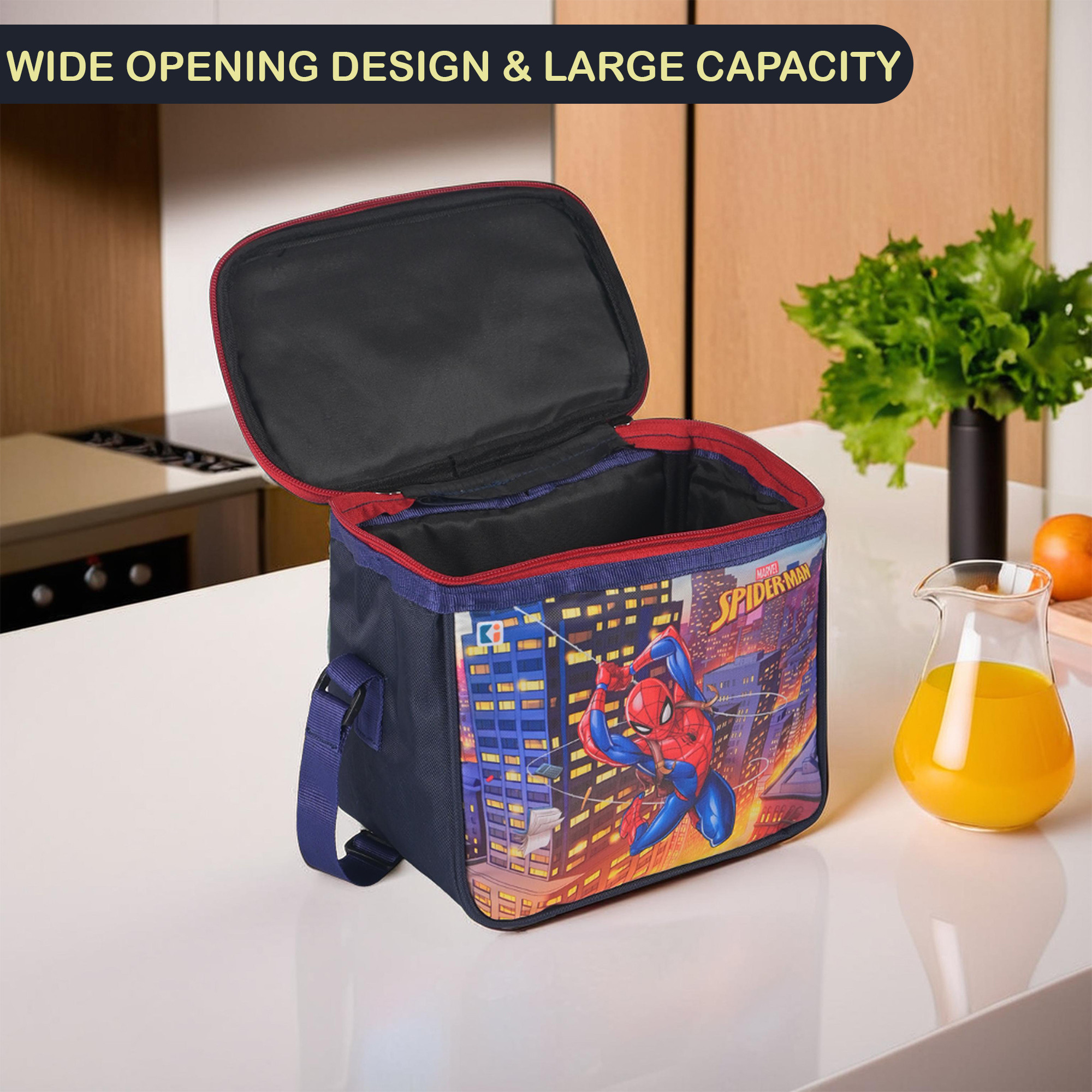 Kuber Industries Rexine Waterproof Tiffin Cover for Kids Women  Men with Handle  Lunch Carry Bag for School College and Offices  Marvel Spider Man Print - Navy Blue