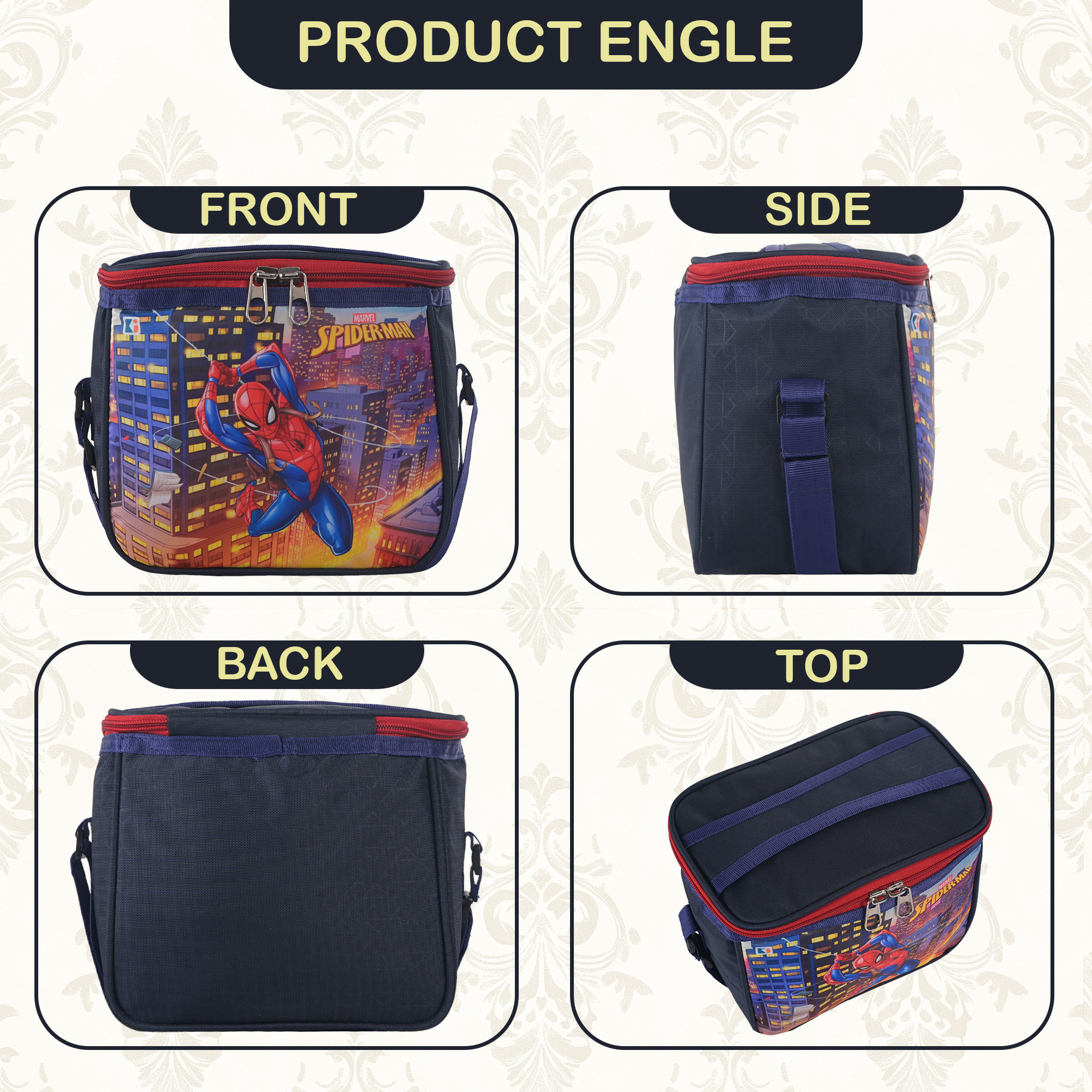 Kuber Industries Rexine Waterproof Tiffin Cover for Kids Women  Men with Handle  Lunch Carry Bag for School College and Offices  Marvel Spider Man Print - Navy Blue